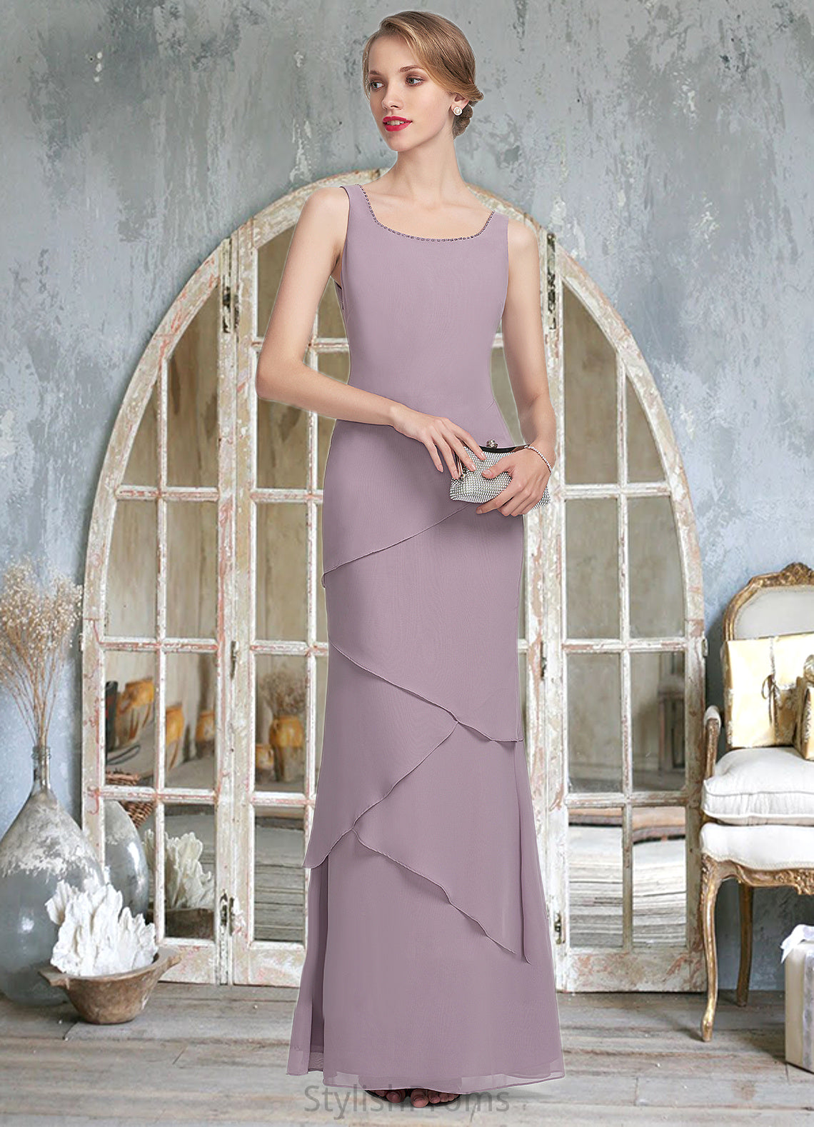 Elizabeth Sheath/Column Scoop Neck Floor-Length Chiffon Mother of the Bride Dress With Beading Cascading Ruffles HQ126P0014975