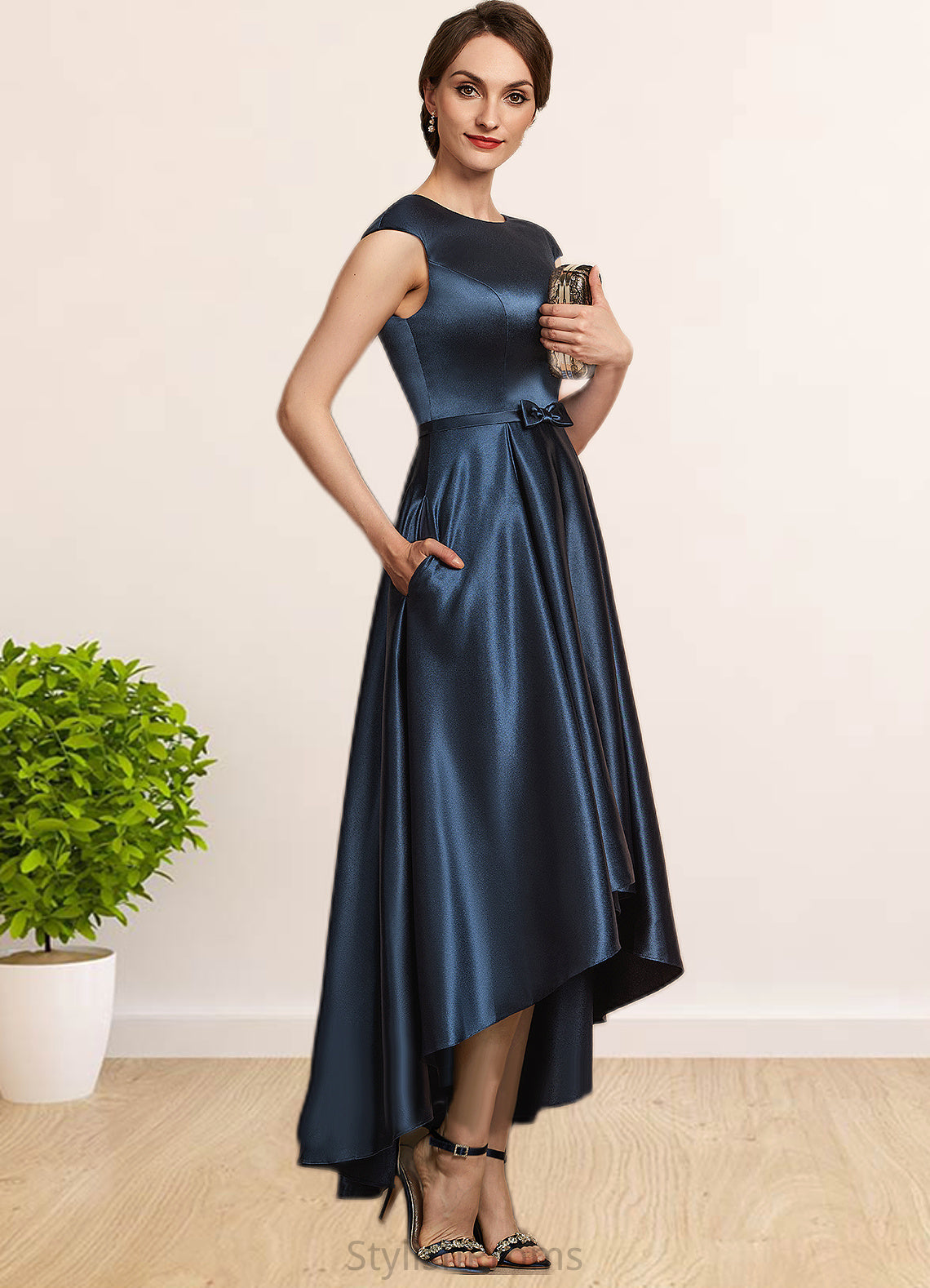 Sophie A-Line Scoop Neck Asymmetrical Satin Mother of the Bride Dress With Bow(s) Pockets HQ126P0014976