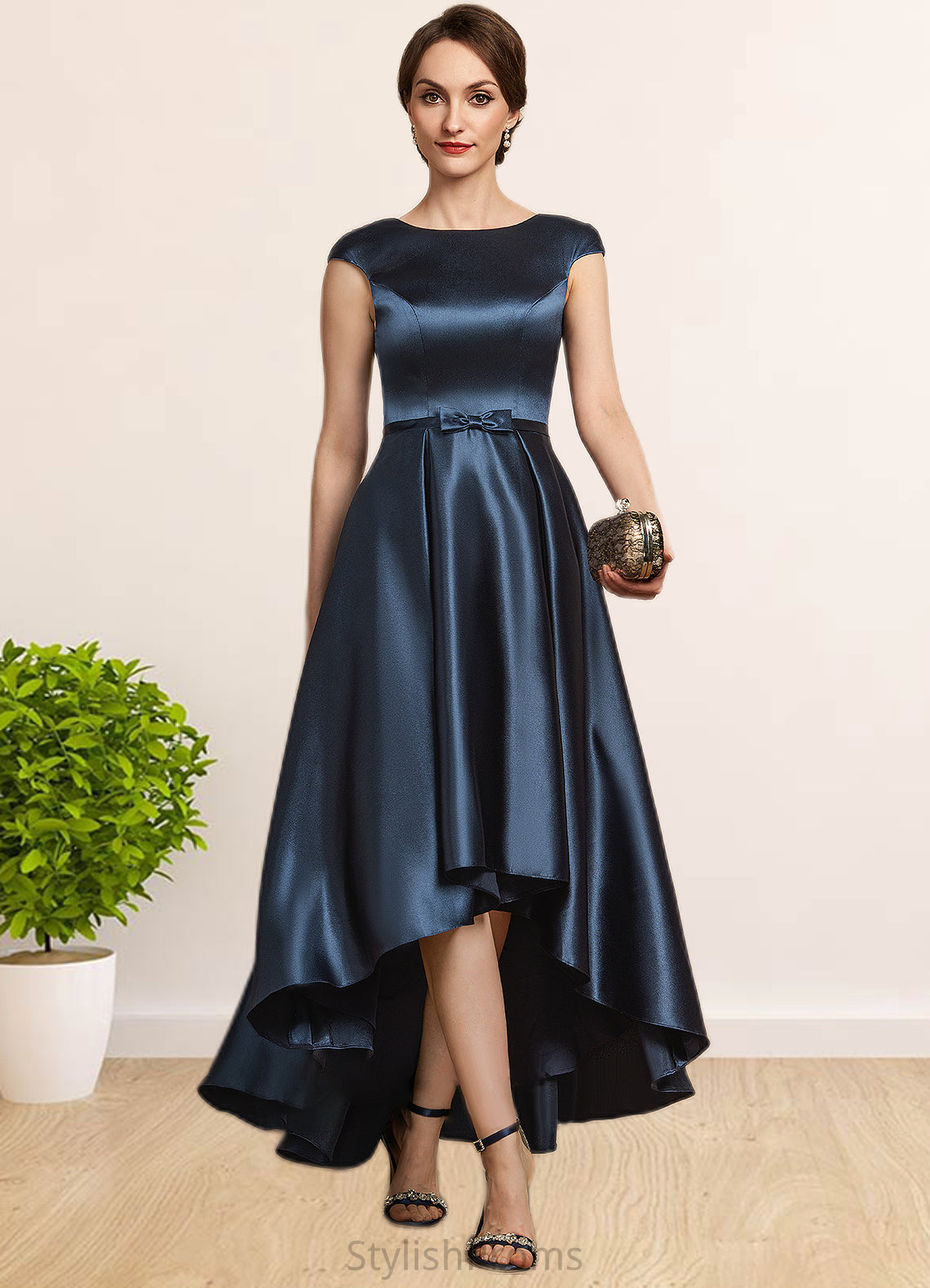 Sophie A-Line Scoop Neck Asymmetrical Satin Mother of the Bride Dress With Bow(s) Pockets HQ126P0014976