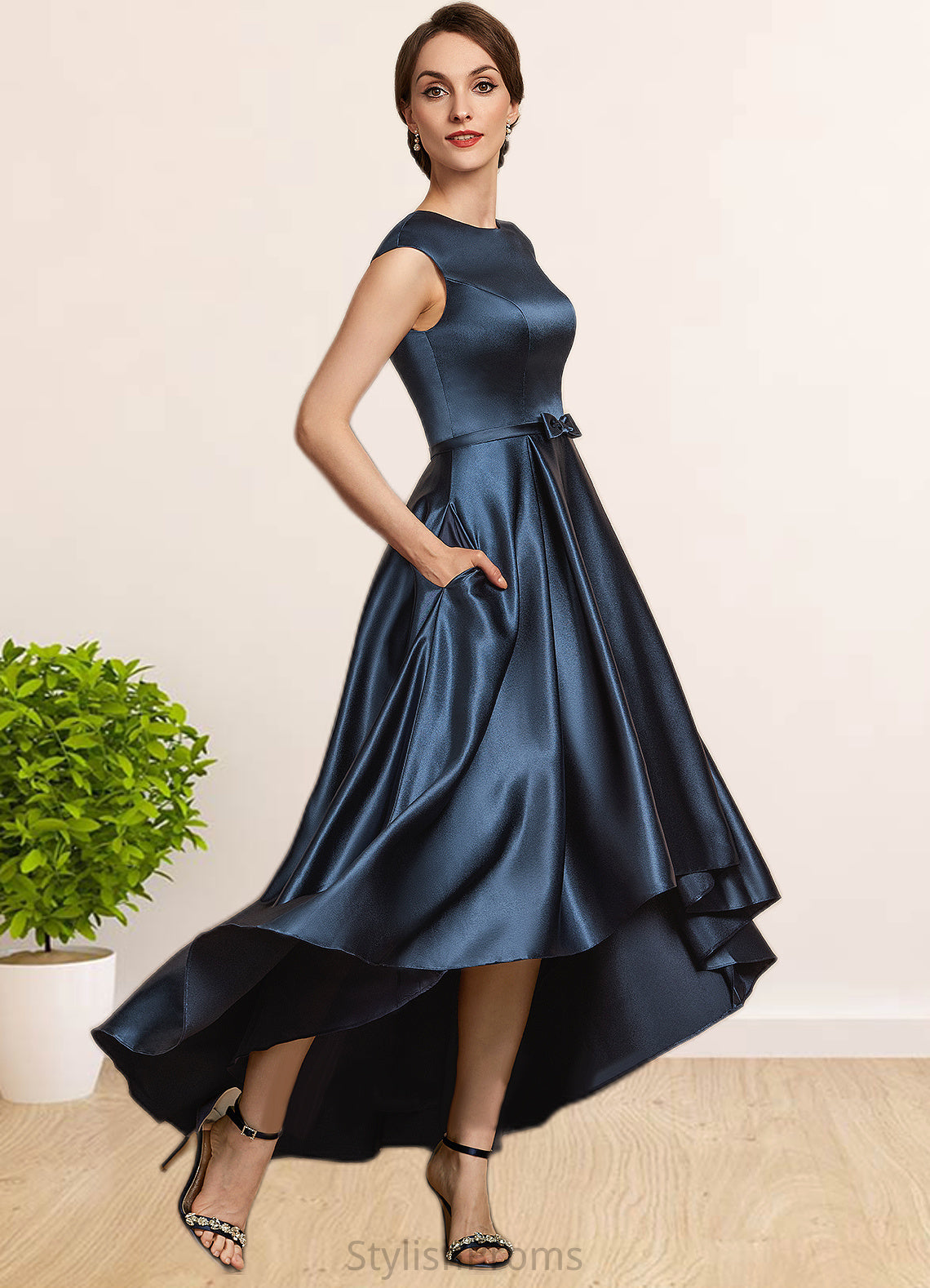 Sophie A-Line Scoop Neck Asymmetrical Satin Mother of the Bride Dress With Bow(s) Pockets HQ126P0014976