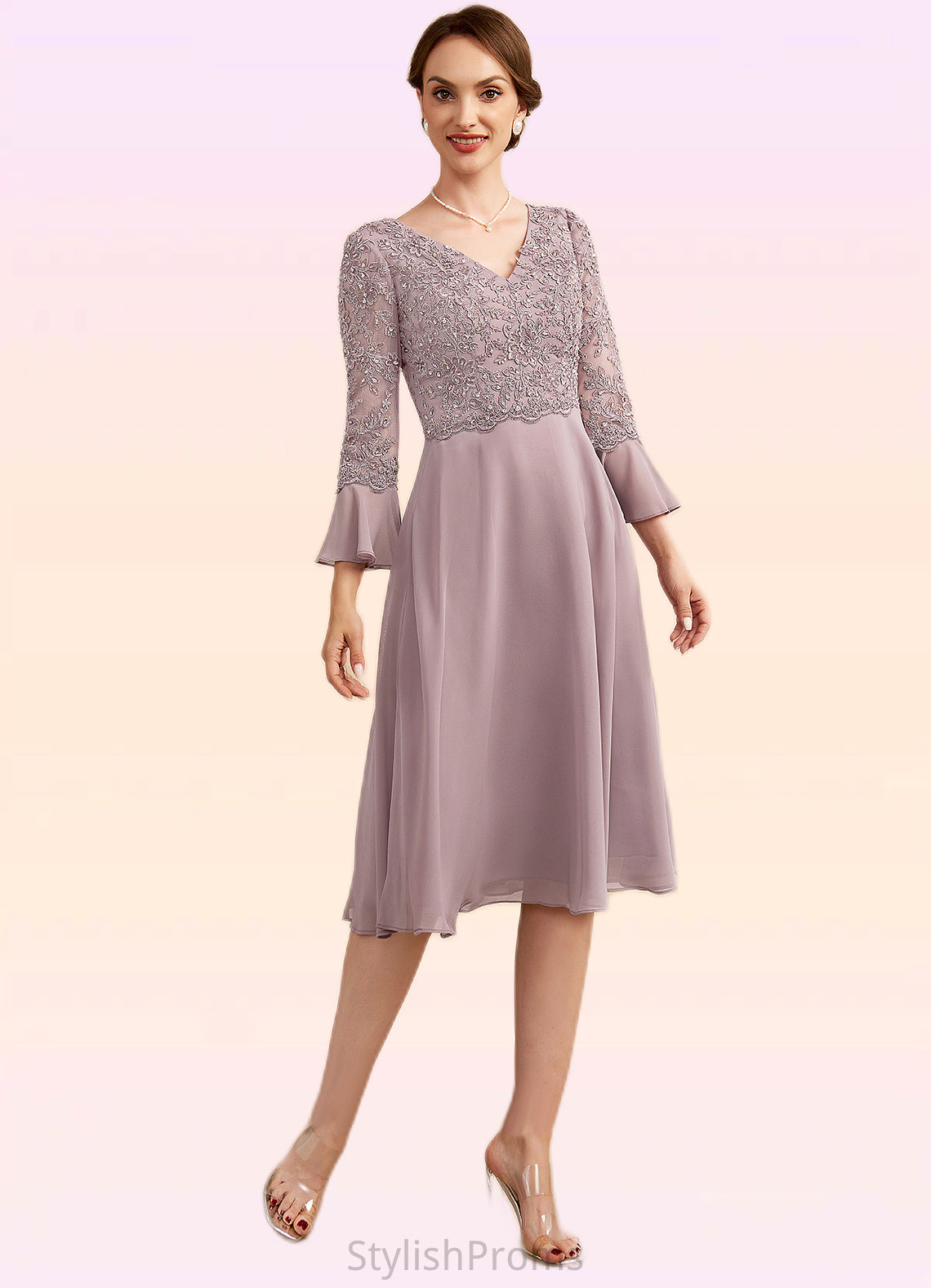 Xiomara A-Line V-neck Knee-Length Chiffon Lace Mother of the Bride Dress With Sequins Cascading Ruffles HQ126P0014977