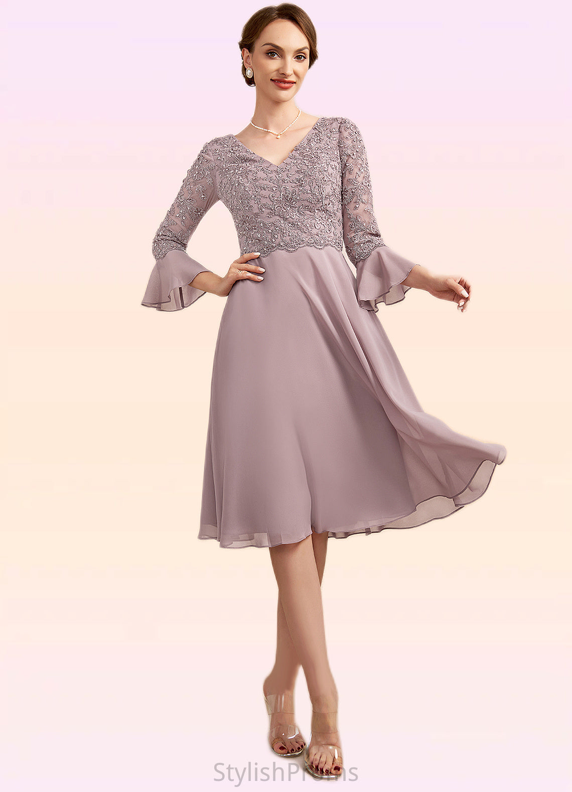 Xiomara A-Line V-neck Knee-Length Chiffon Lace Mother of the Bride Dress With Sequins Cascading Ruffles HQ126P0014977