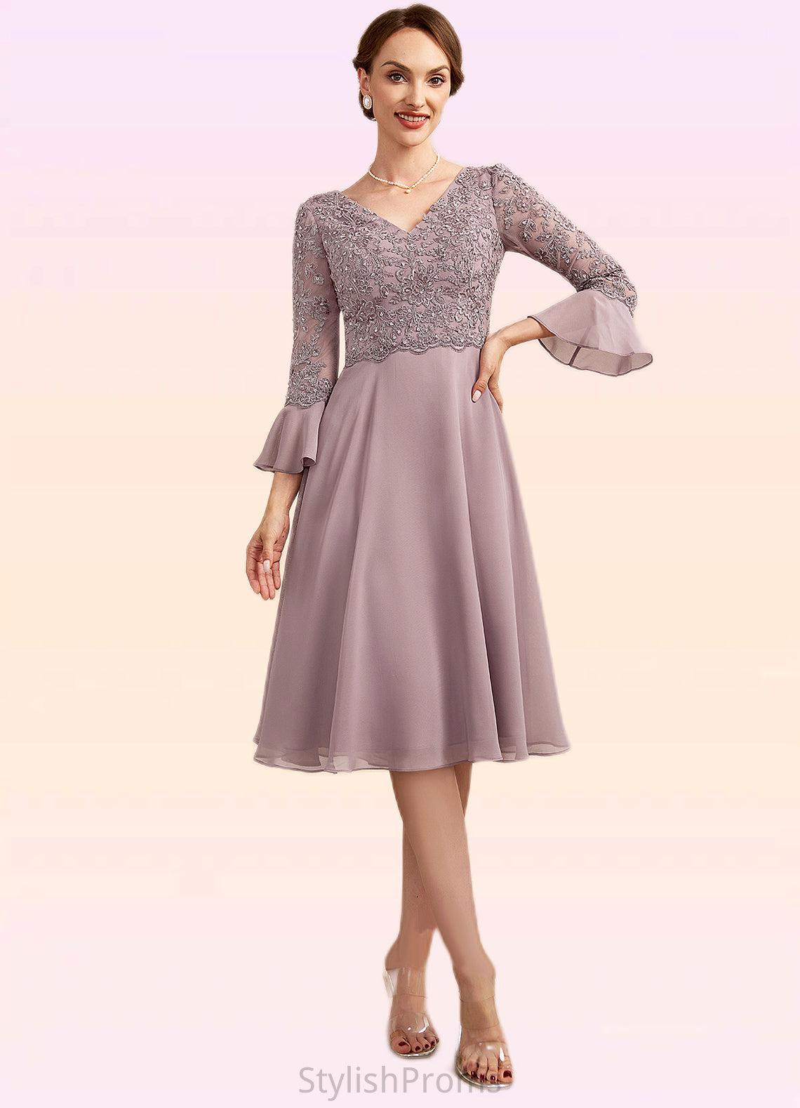 Xiomara A-Line V-neck Knee-Length Chiffon Lace Mother of the Bride Dress With Sequins Cascading Ruffles HQ126P0014977