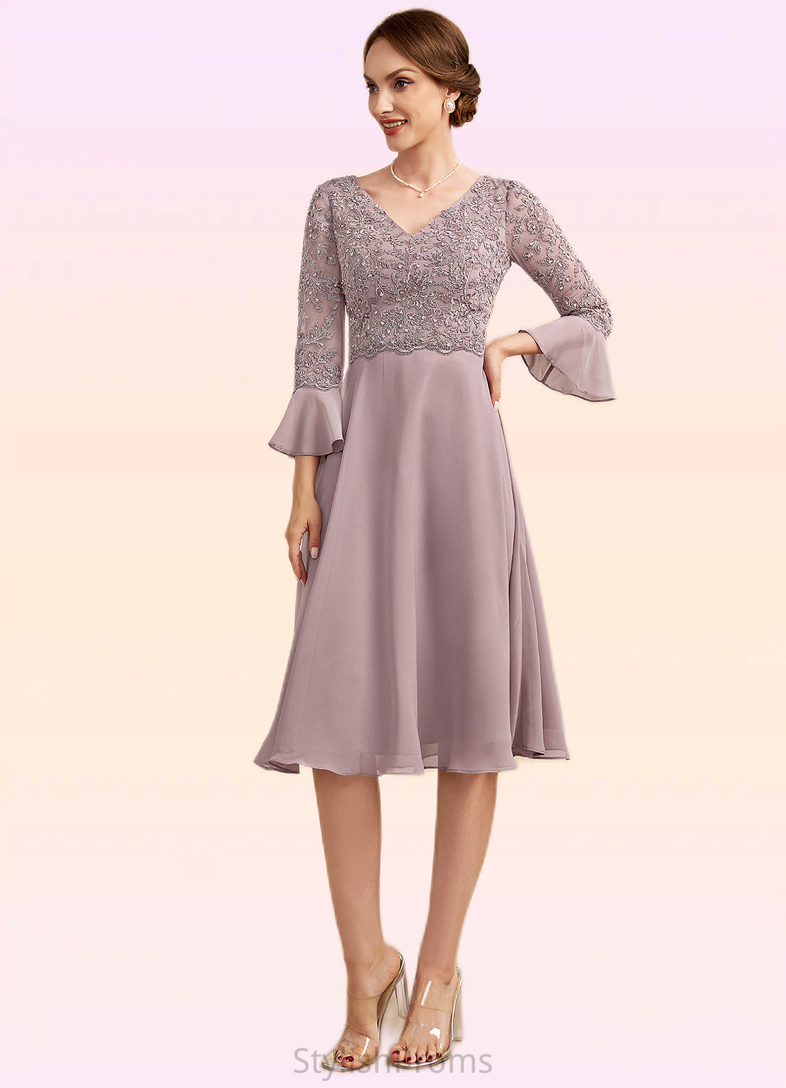 Xiomara A-Line V-neck Knee-Length Chiffon Lace Mother of the Bride Dress With Sequins Cascading Ruffles HQ126P0014977