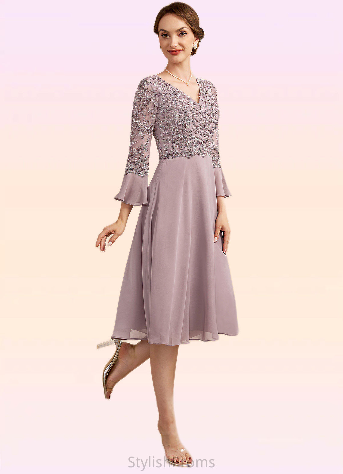 Xiomara A-Line V-neck Knee-Length Chiffon Lace Mother of the Bride Dress With Sequins Cascading Ruffles HQ126P0014977