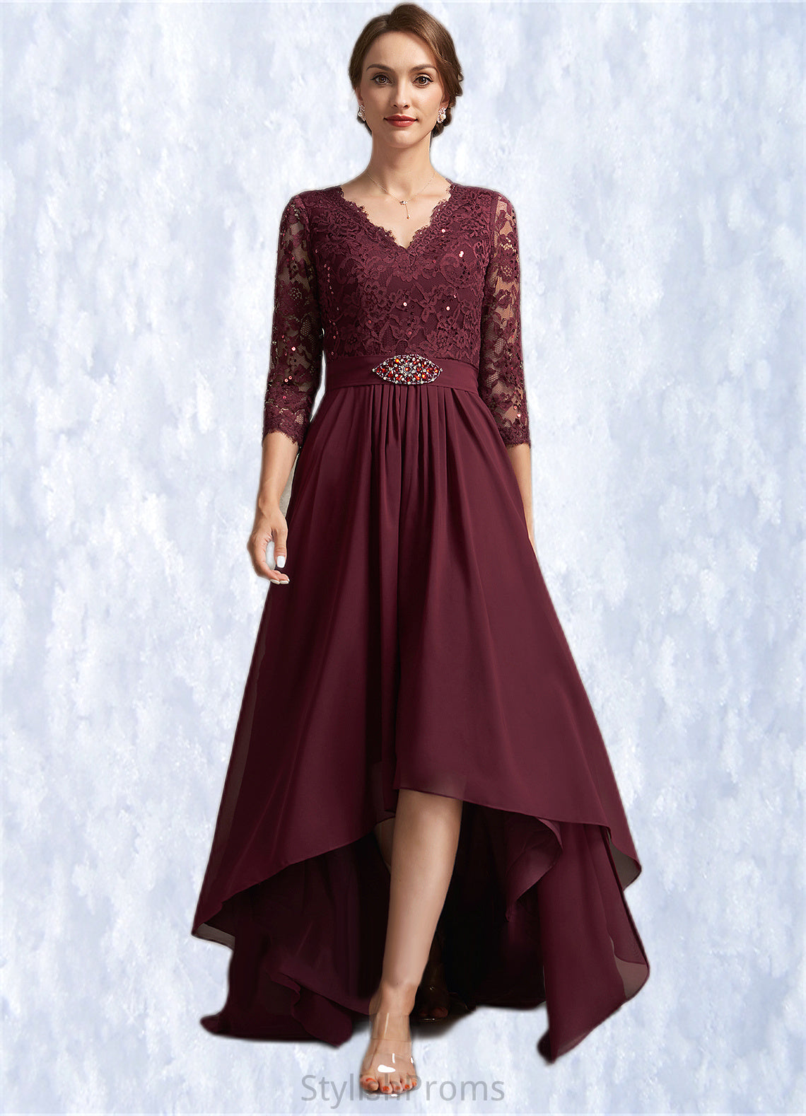 Piper A-Line V-neck Asymmetrical Chiffon Lace Mother of the Bride Dress With Beading Sequins HQ126P0014980