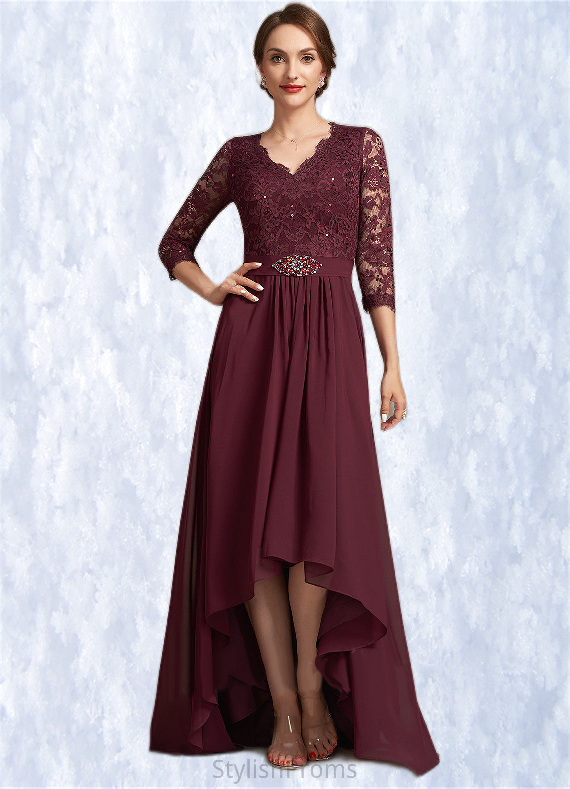 Piper A-Line V-neck Asymmetrical Chiffon Lace Mother of the Bride Dress With Beading Sequins HQ126P0014980