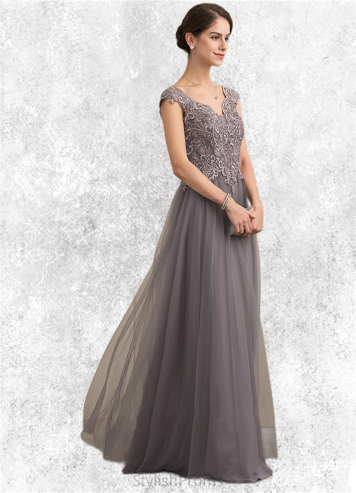 Pam A-Line/Princess V-neck Floor-Length Tulle Lace Mother of the Bride Dress With Sequins HQ126P0014985