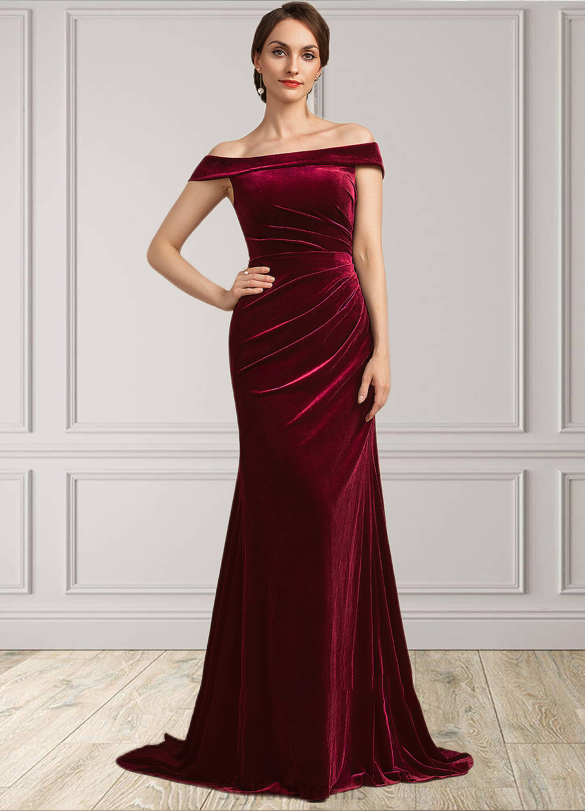 Jimena Trumpet/Mermaid Off-the-Shoulder Sweep Train Velvet Mother of the Bride Dress With Ruffle HQ126P0014988