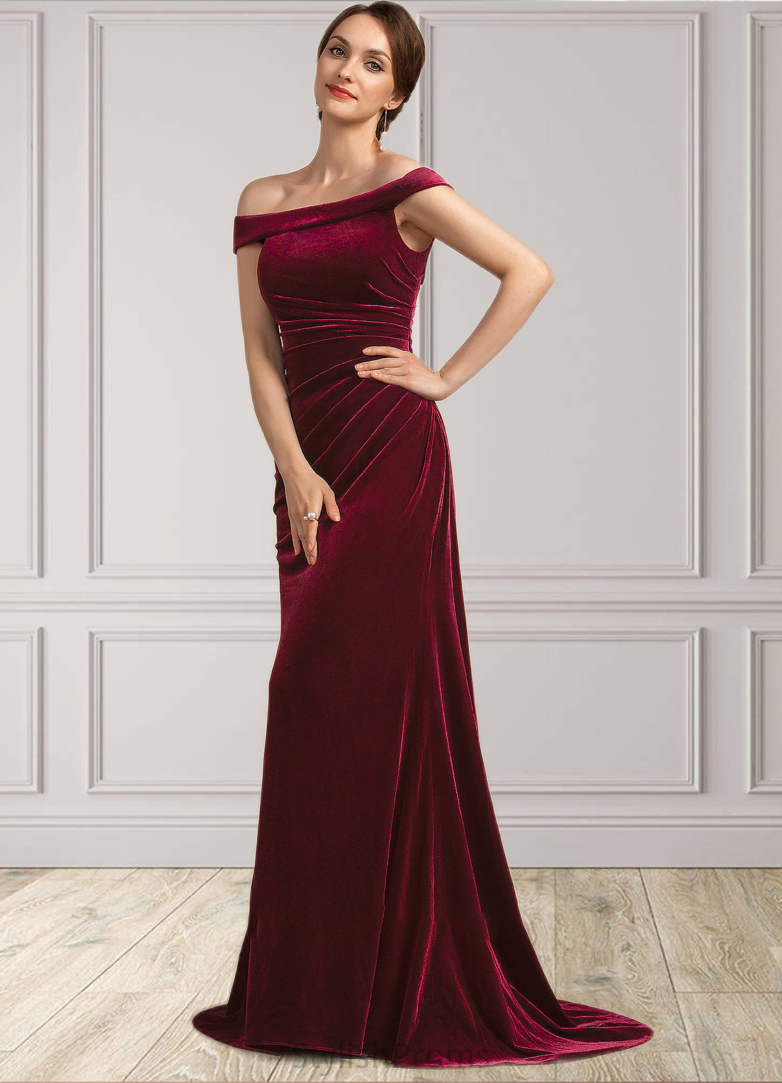 Jimena Trumpet/Mermaid Off-the-Shoulder Sweep Train Velvet Mother of the Bride Dress With Ruffle HQ126P0014988