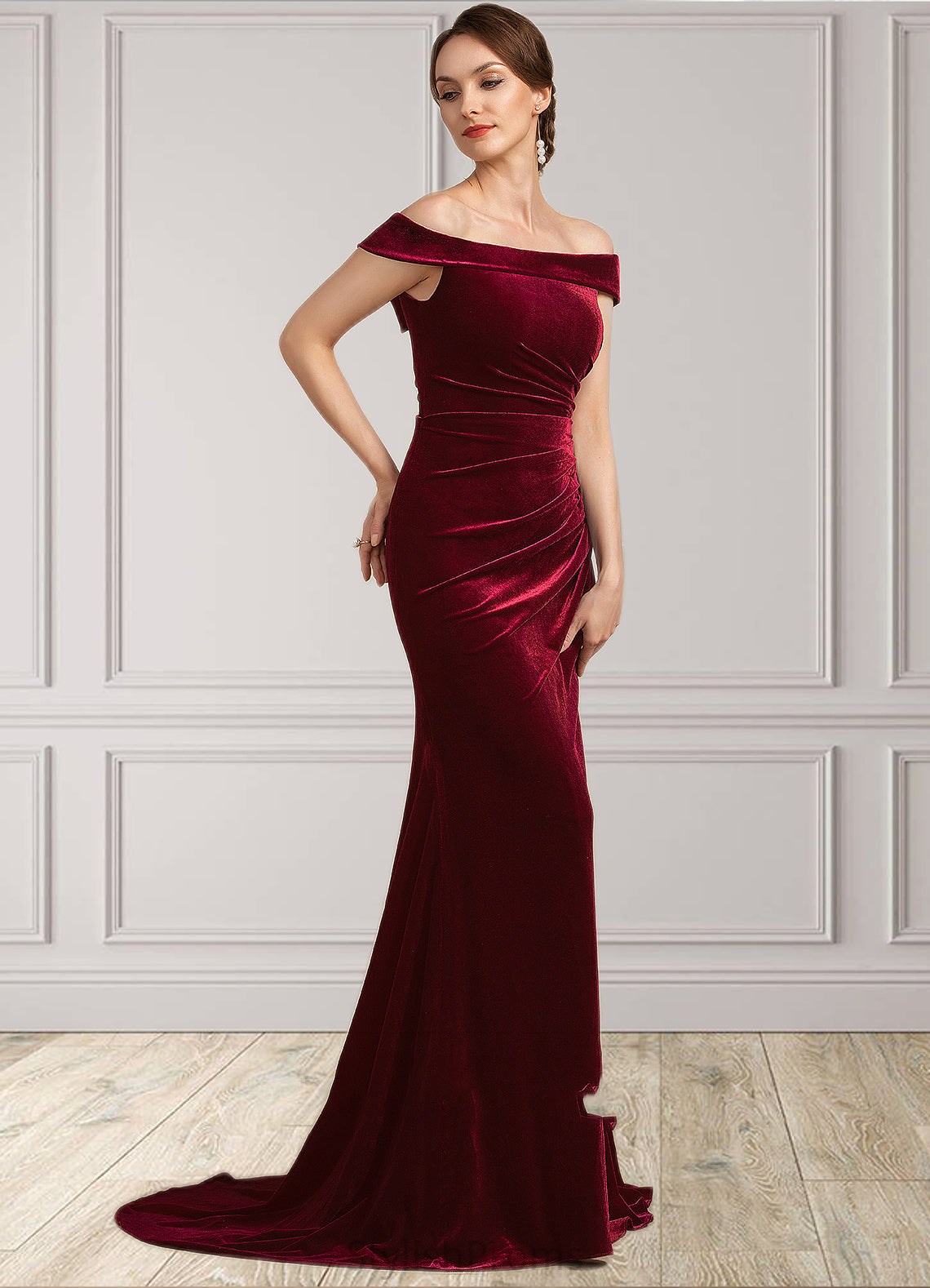 Jimena Trumpet/Mermaid Off-the-Shoulder Sweep Train Velvet Mother of the Bride Dress With Ruffle HQ126P0014988