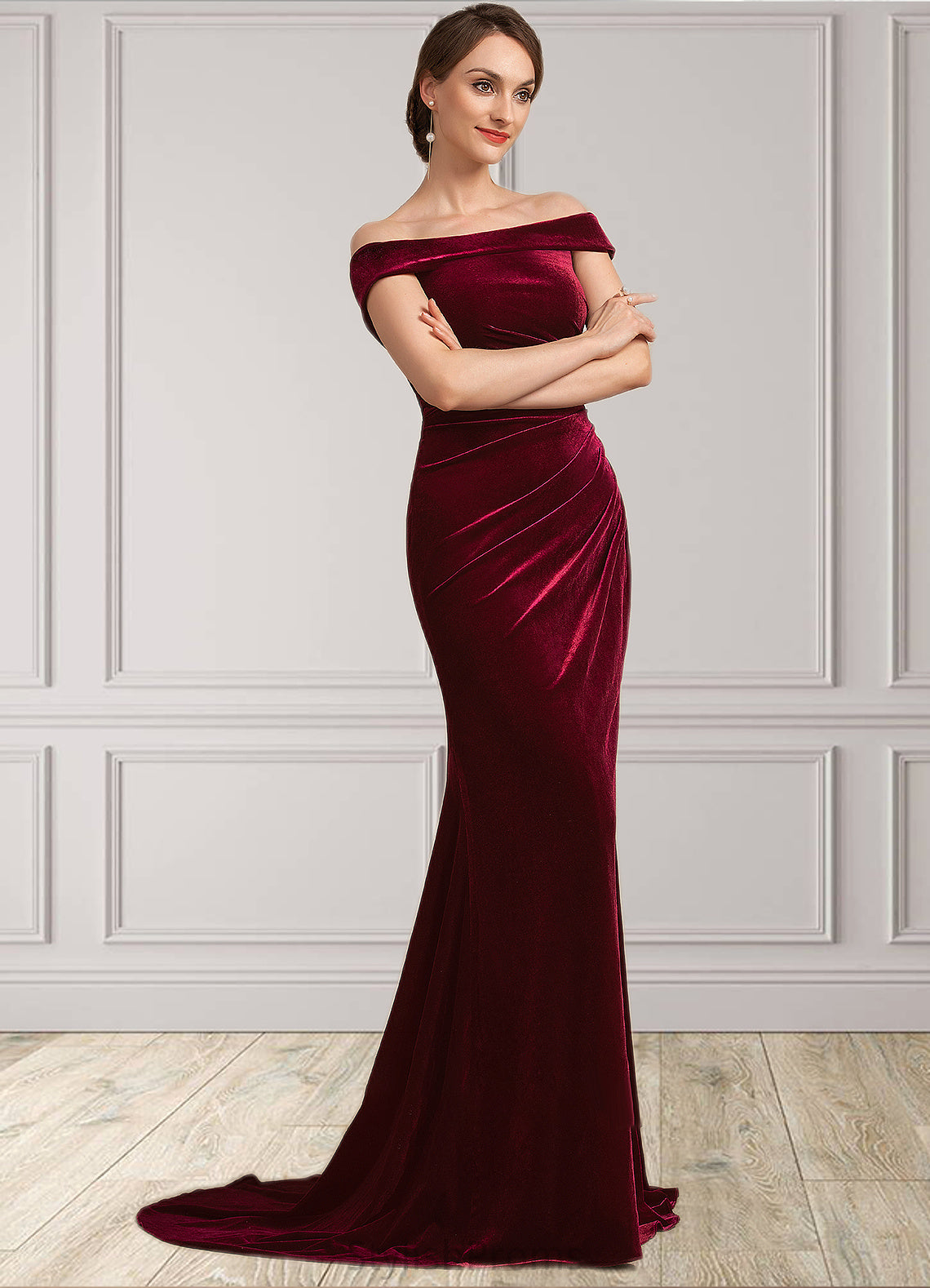 Jimena Trumpet/Mermaid Off-the-Shoulder Sweep Train Velvet Mother of the Bride Dress With Ruffle HQ126P0014988