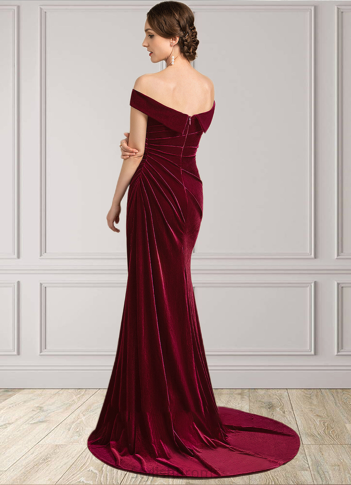 Jimena Trumpet/Mermaid Off-the-Shoulder Sweep Train Velvet Mother of the Bride Dress With Ruffle HQ126P0014988