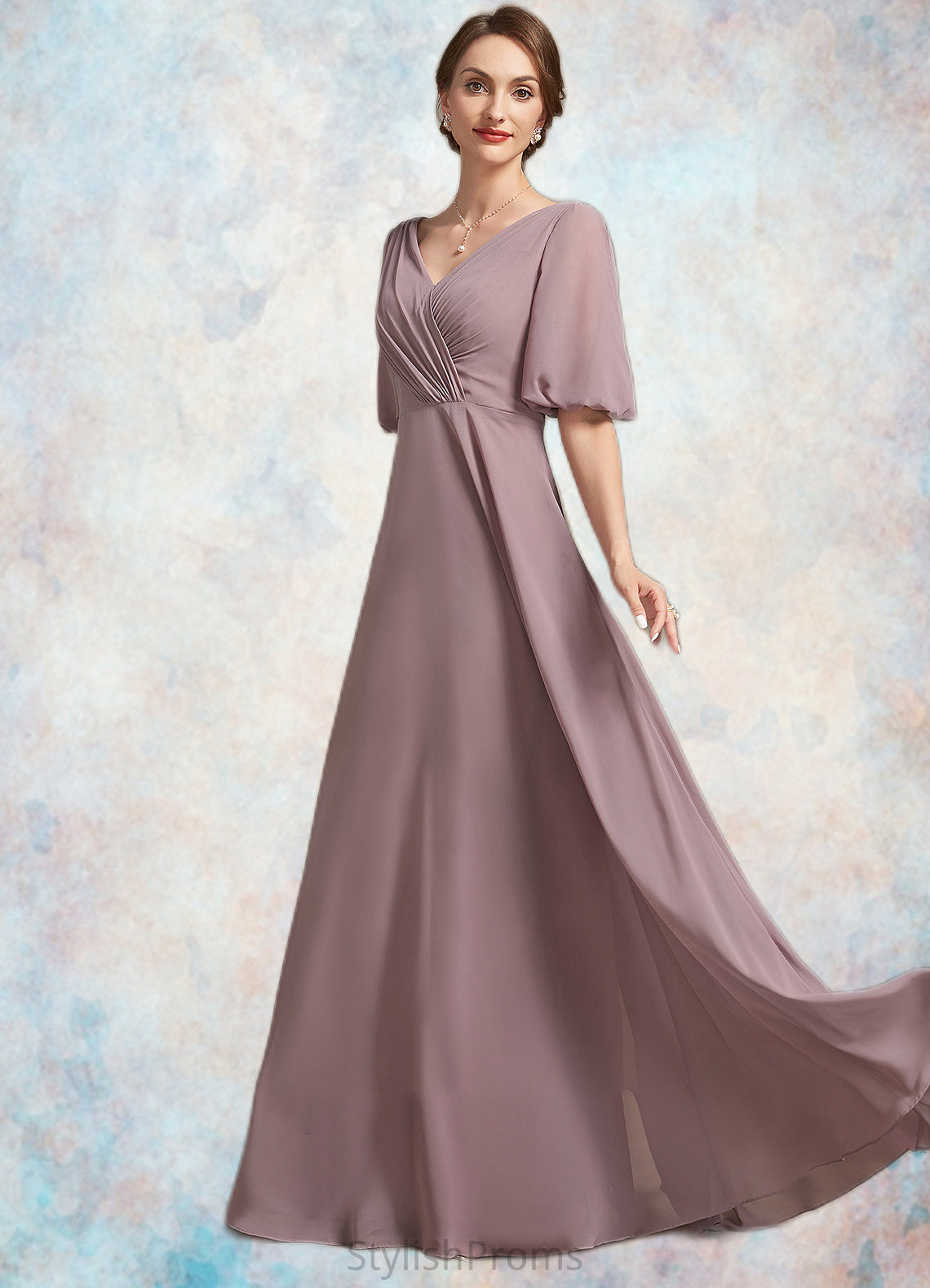 Emma A-Line V-neck Floor-Length Chiffon Mother of the Bride Dress With Ruffle HQ126P0014992