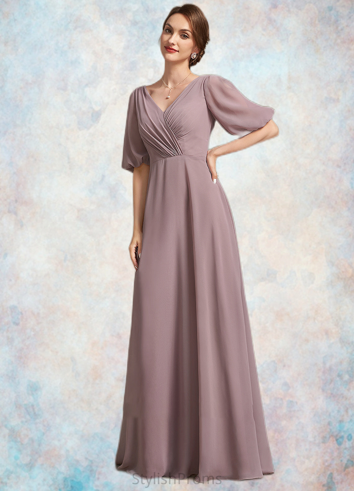 Emma A-Line V-neck Floor-Length Chiffon Mother of the Bride Dress With Ruffle HQ126P0014992