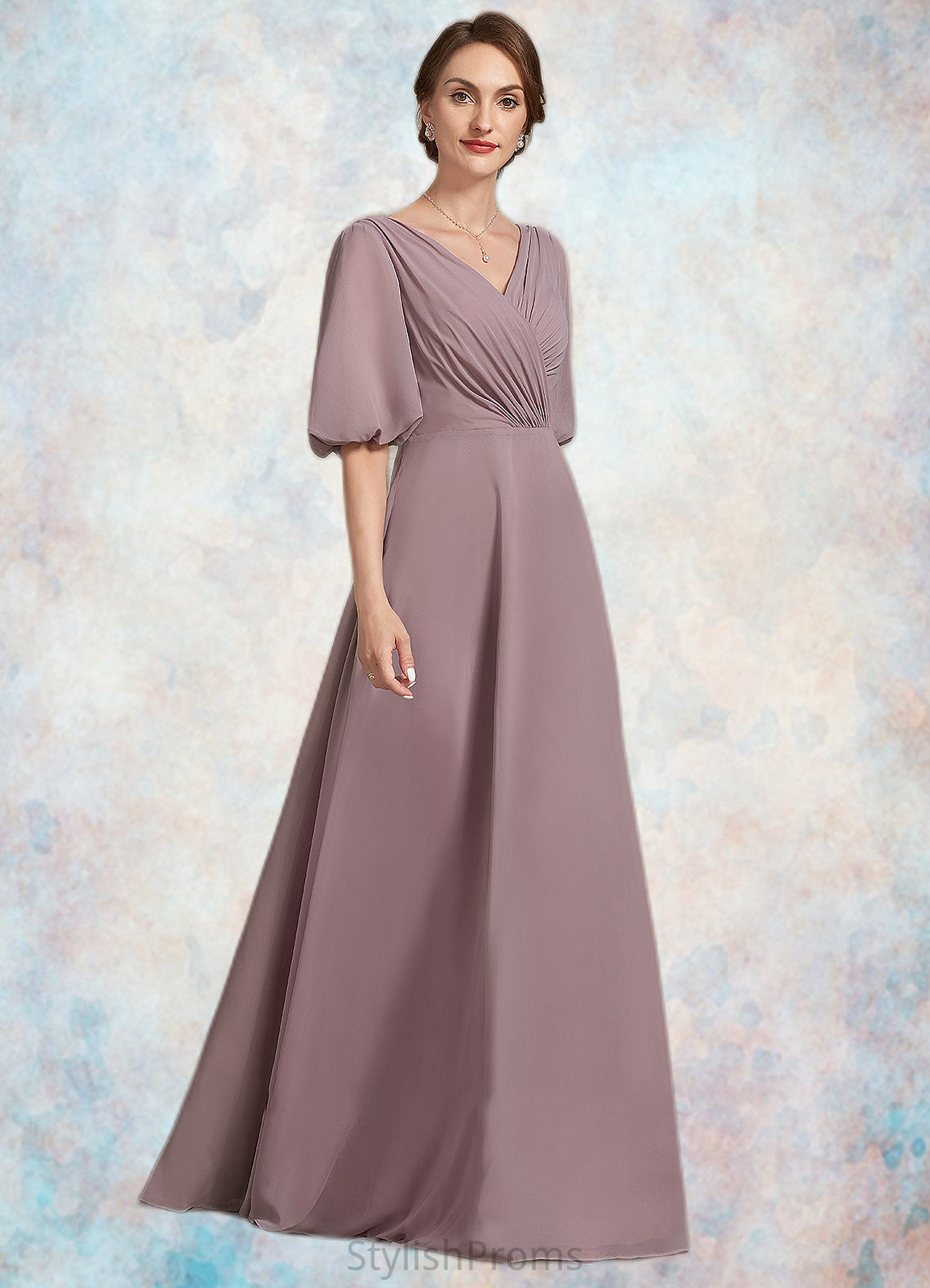 Emma A-Line V-neck Floor-Length Chiffon Mother of the Bride Dress With Ruffle HQ126P0014992