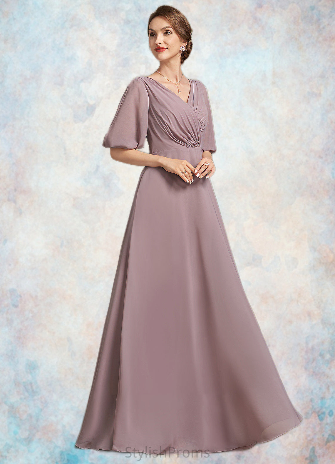 Emma A-Line V-neck Floor-Length Chiffon Mother of the Bride Dress With Ruffle HQ126P0014992