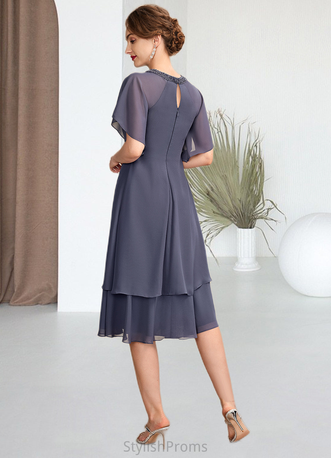 Stacy A-Line Scoop Neck Knee-Length Chiffon Mother of the Bride Dress With Beading Sequins Cascading Ruffles HQ126P0014993