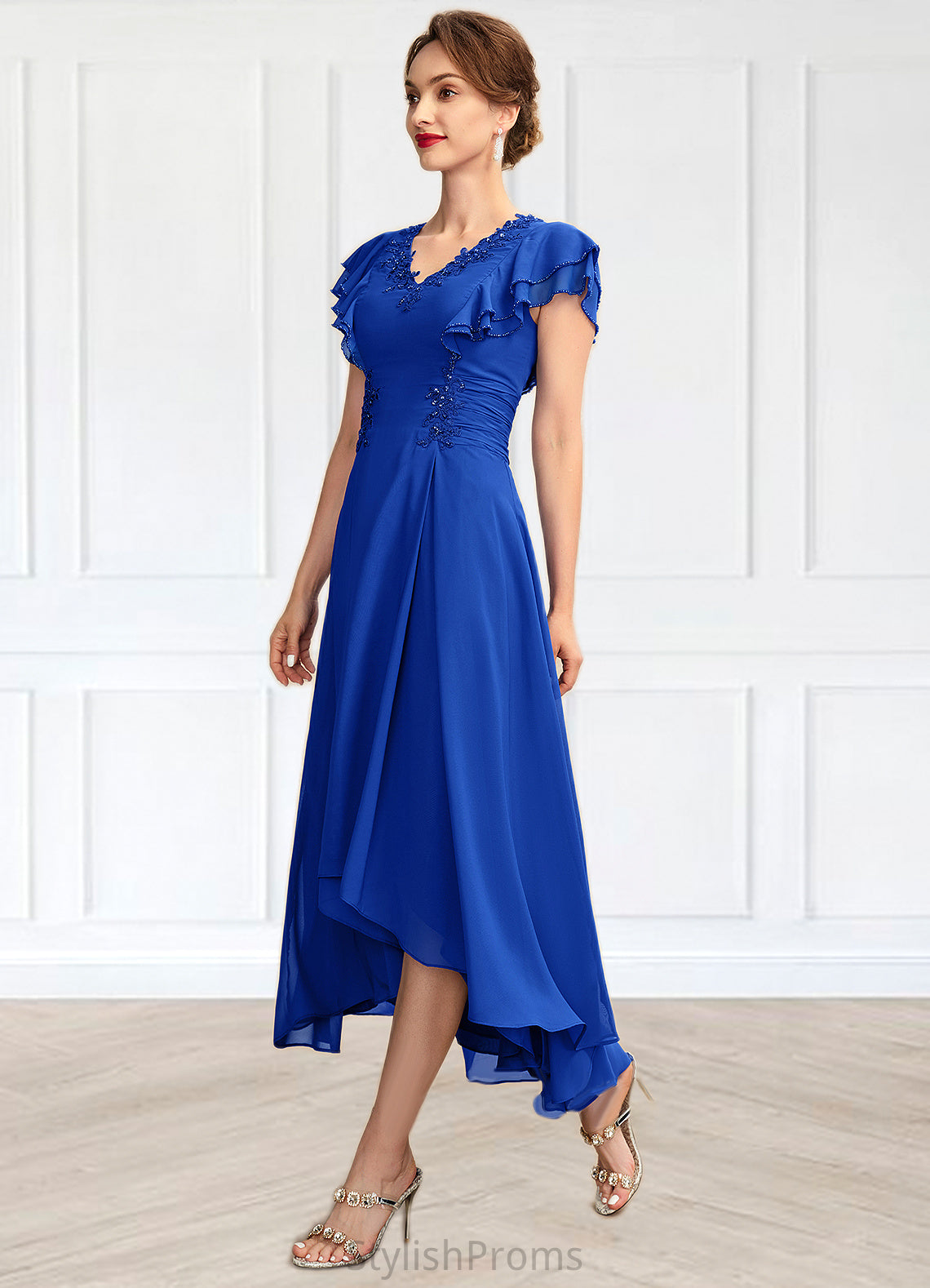 Kennedy A-Line V-neck Asymmetrical Chiffon Mother of the Bride Dress With Beading Appliques Lace Sequins Cascading Ruffles HQ126P0014994