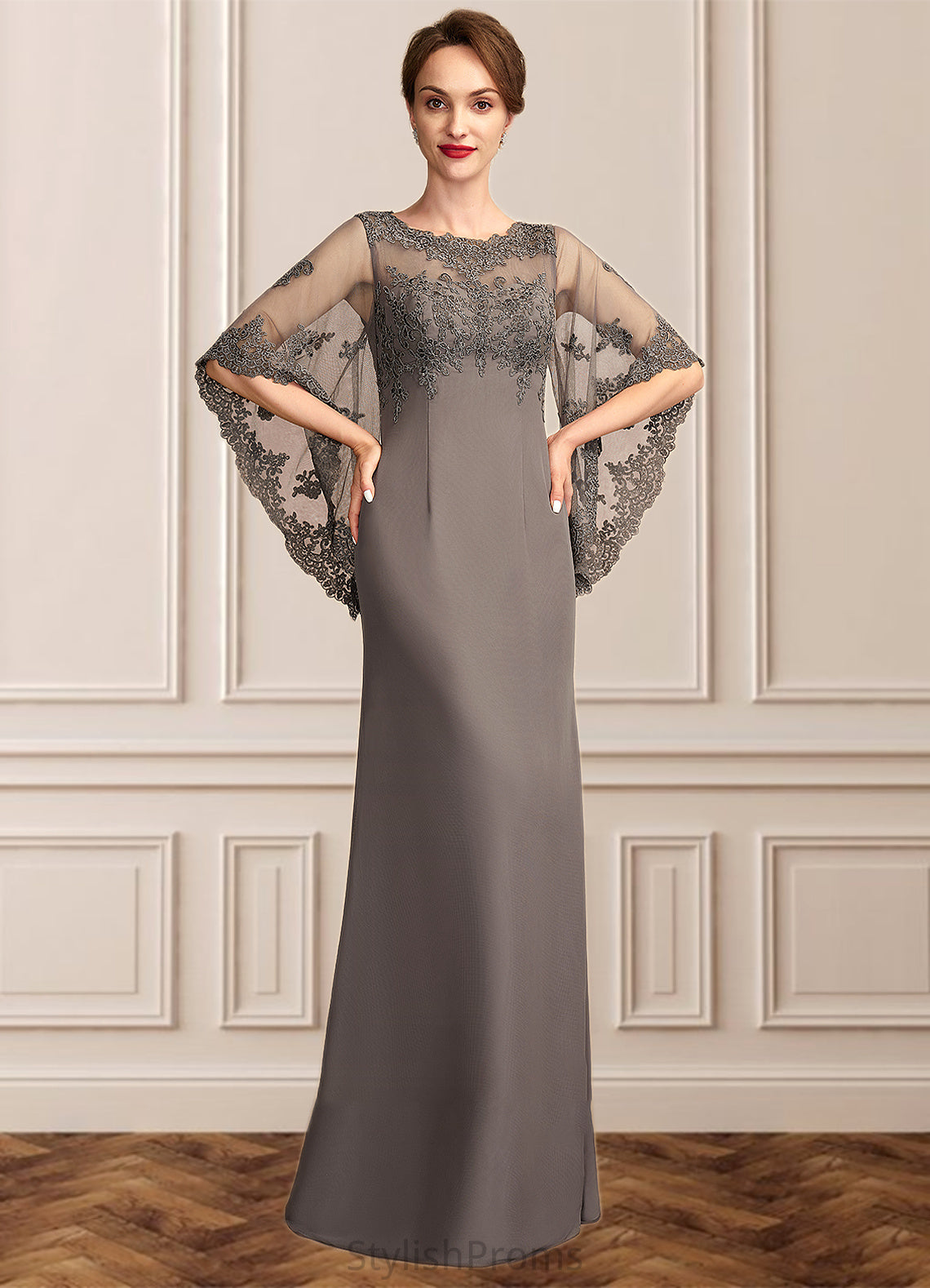 Isla Sheath/Column Scoop Neck Floor-Length Chiffon Lace Mother of the Bride Dress HQ126P0014996