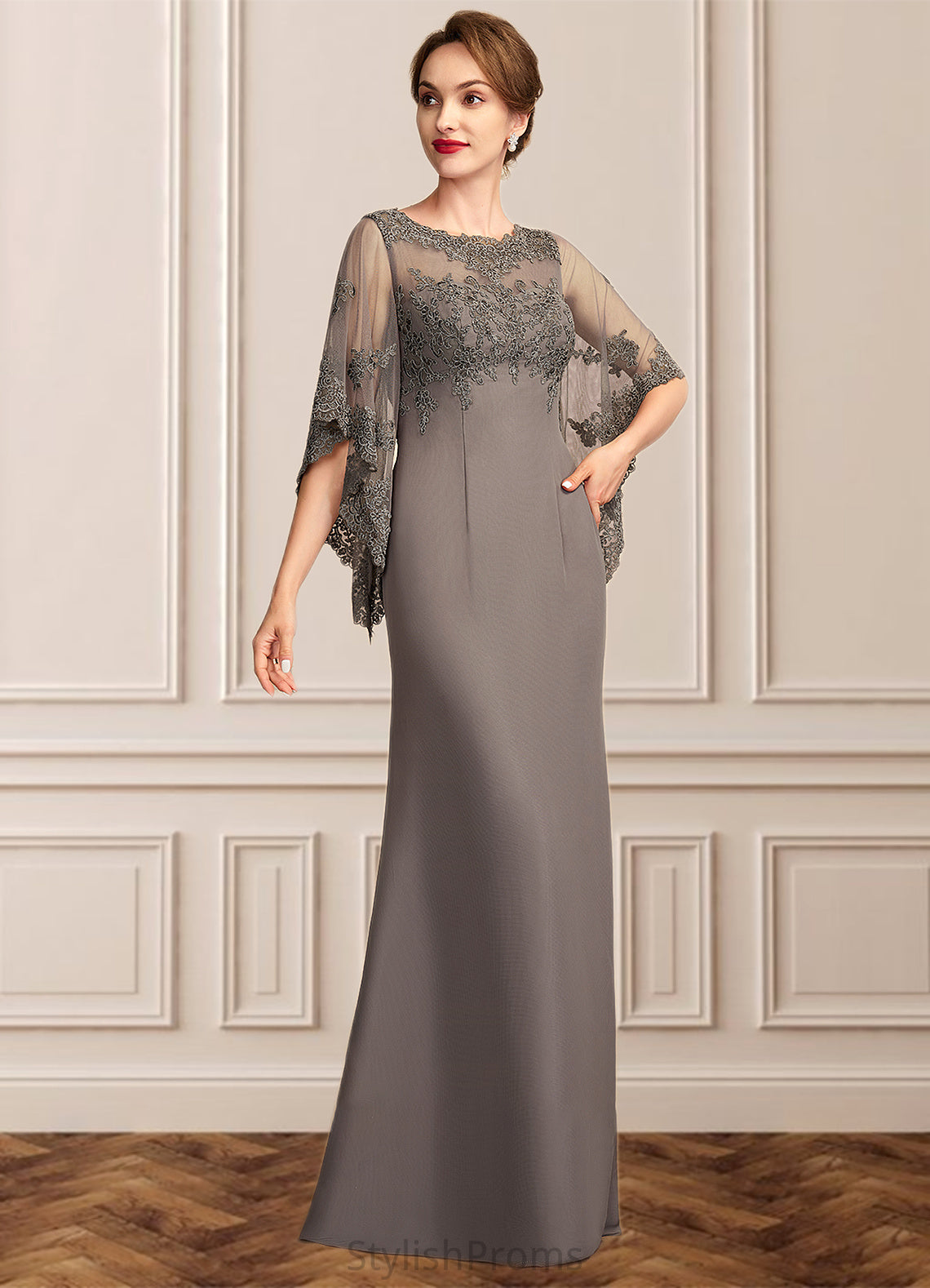 Isla Sheath/Column Scoop Neck Floor-Length Chiffon Lace Mother of the Bride Dress HQ126P0014996