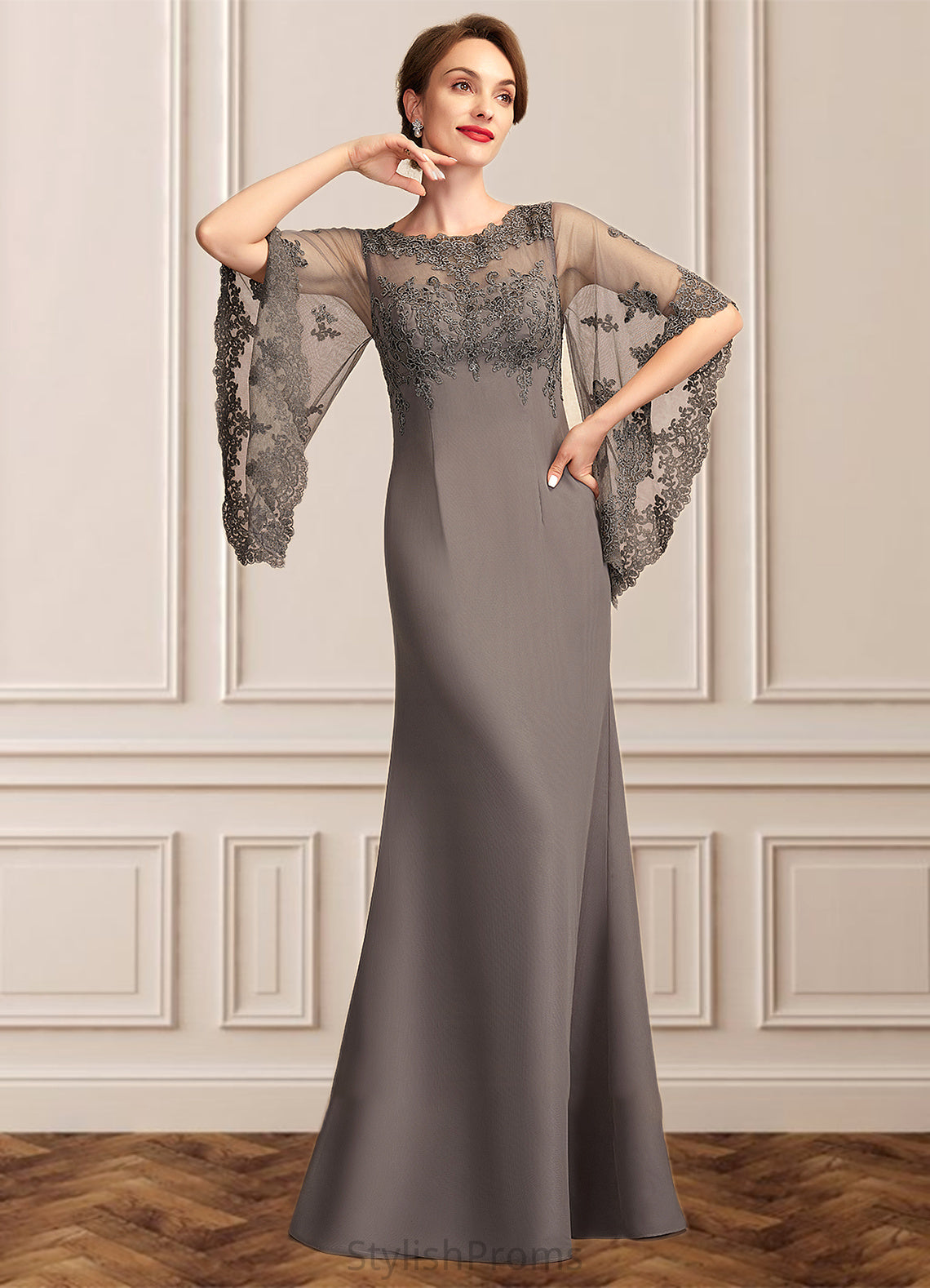 Isla Sheath/Column Scoop Neck Floor-Length Chiffon Lace Mother of the Bride Dress HQ126P0014996