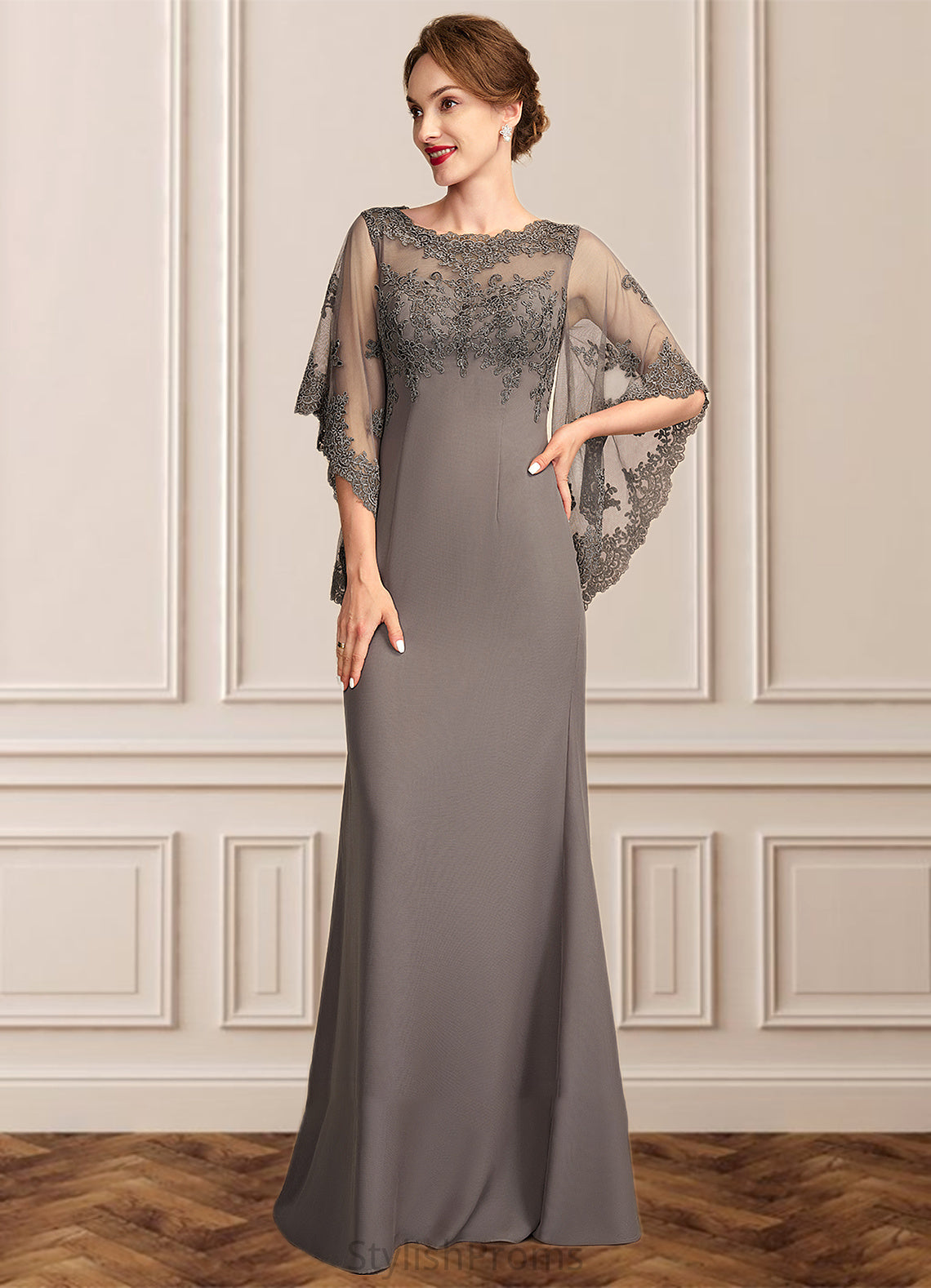 Isla Sheath/Column Scoop Neck Floor-Length Chiffon Lace Mother of the Bride Dress HQ126P0014996