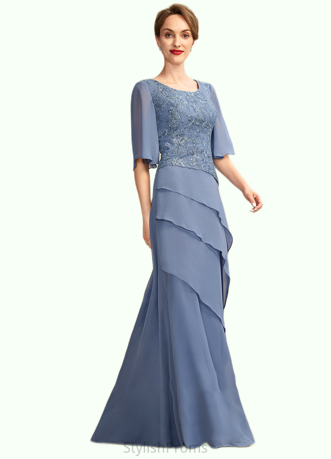 Alexandria A-Line Scoop Neck Floor-Length Chiffon Lace Mother of the Bride Dress With Sequins Cascading Ruffles HQ126P0014997