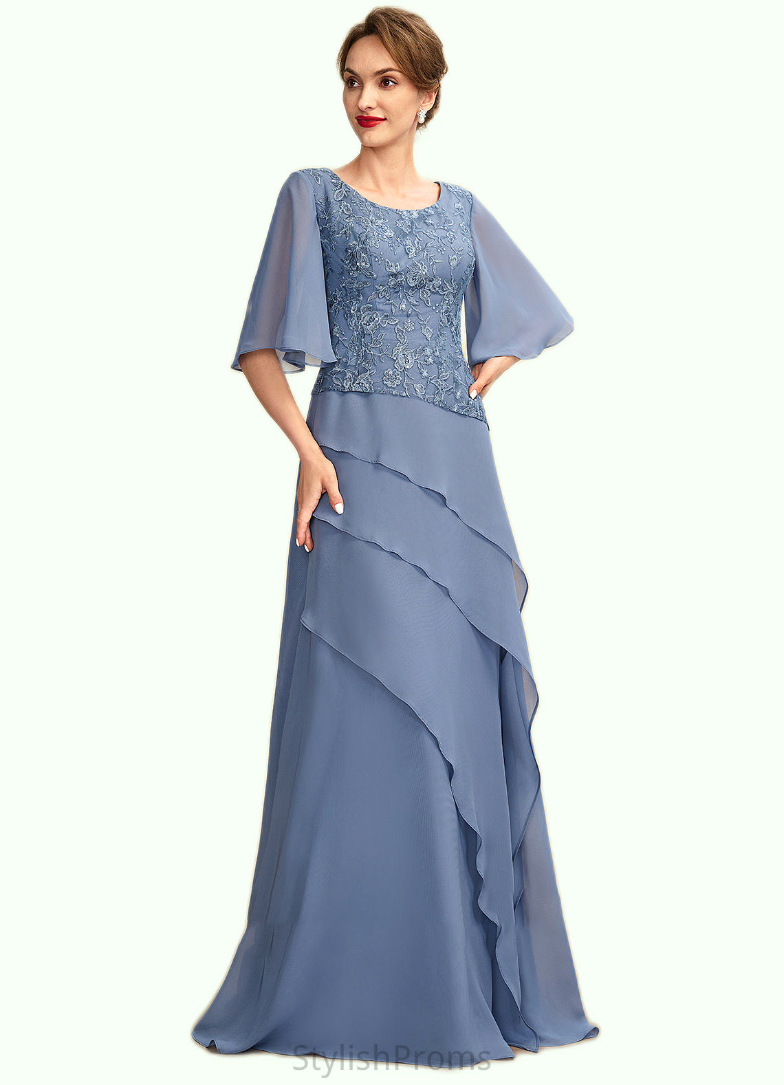 Alexandria A-Line Scoop Neck Floor-Length Chiffon Lace Mother of the Bride Dress With Sequins Cascading Ruffles HQ126P0014997