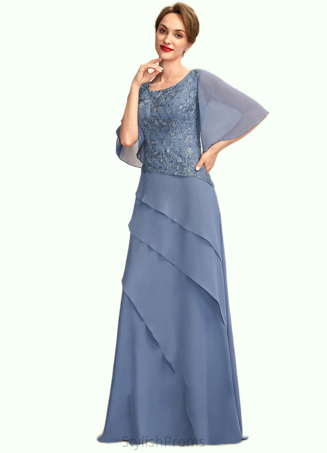 Alexandria A-Line Scoop Neck Floor-Length Chiffon Lace Mother of the Bride Dress With Sequins Cascading Ruffles HQ126P0014997