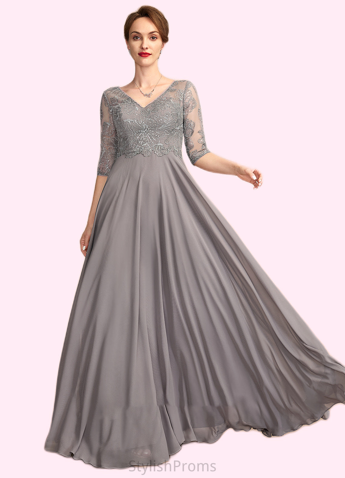 Aleena A-Line V-neck Floor-Length Chiffon Lace Mother of the Bride Dress With Sequins HQ126P0014999