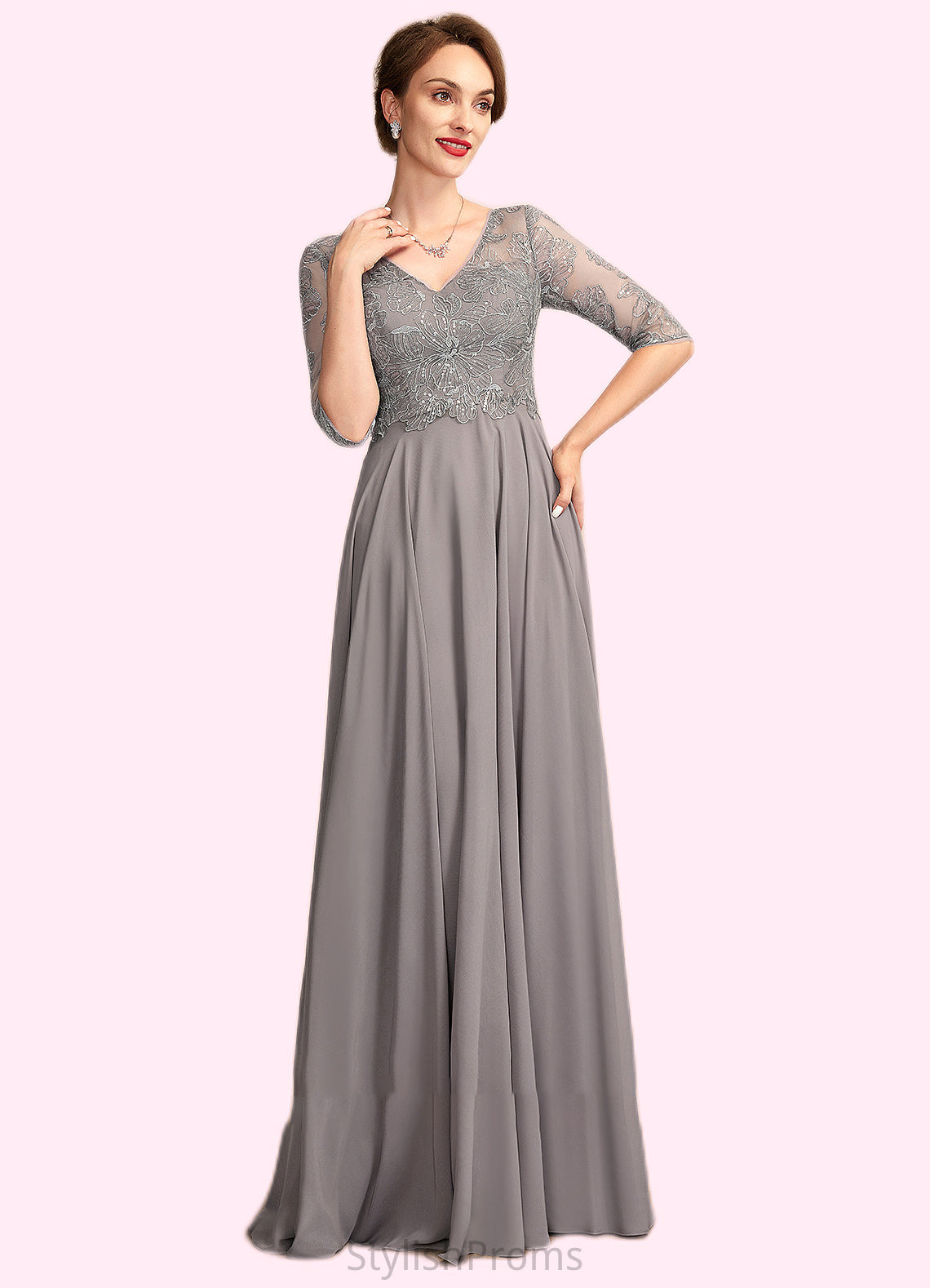 Aleena A-Line V-neck Floor-Length Chiffon Lace Mother of the Bride Dress With Sequins HQ126P0014999