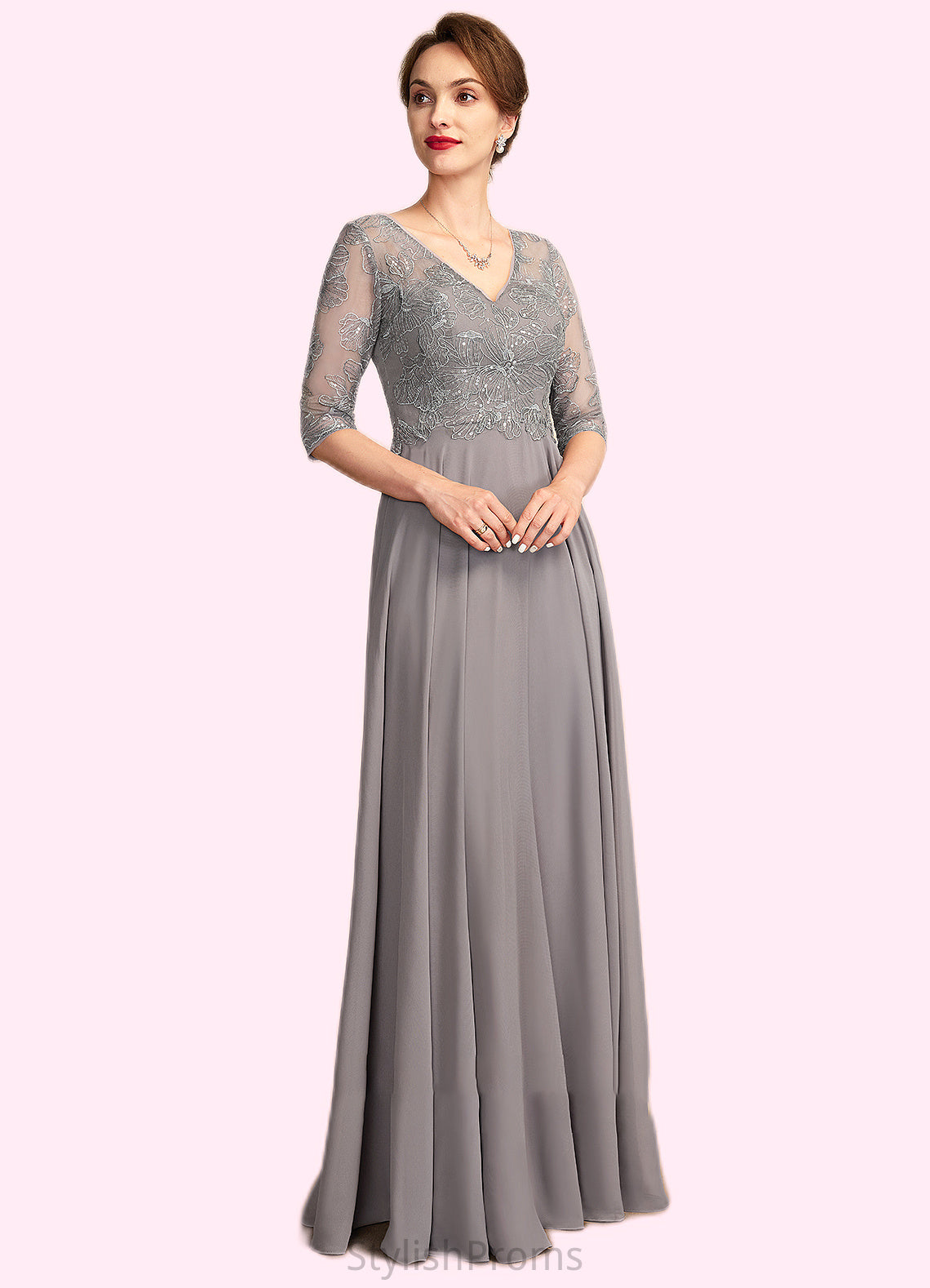 Aleena A-Line V-neck Floor-Length Chiffon Lace Mother of the Bride Dress With Sequins HQ126P0014999