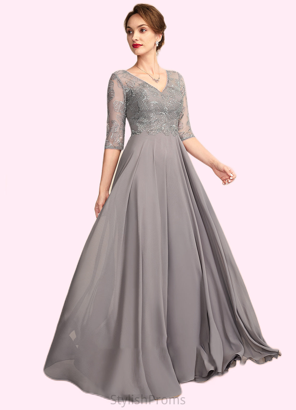 Aleena A-Line V-neck Floor-Length Chiffon Lace Mother of the Bride Dress With Sequins HQ126P0014999