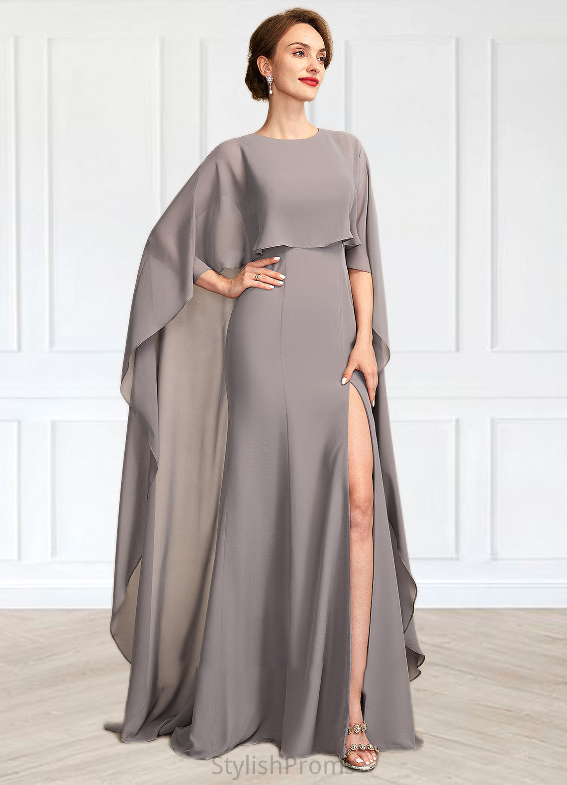 Zoe Sheath/Column Scoop Neck Sweep Train Chiffon Mother of the Bride Dress With Split Front HQ126P0015000