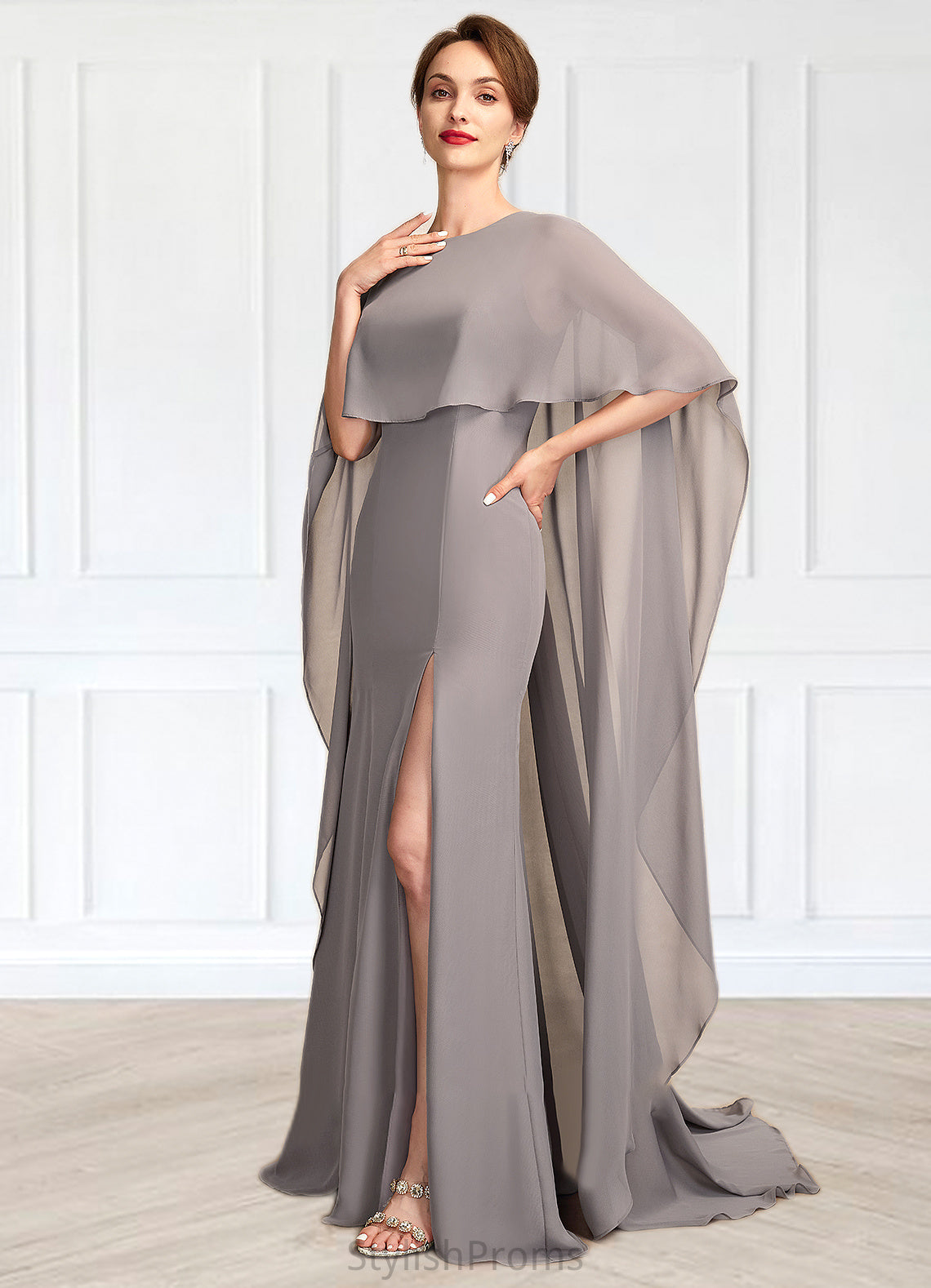 Zoe Sheath/Column Scoop Neck Sweep Train Chiffon Mother of the Bride Dress With Split Front HQ126P0015000