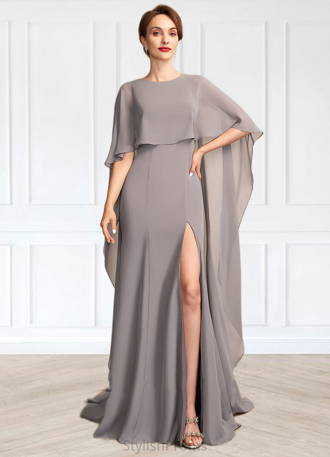 Zoe Sheath/Column Scoop Neck Sweep Train Chiffon Mother of the Bride Dress With Split Front HQ126P0015000