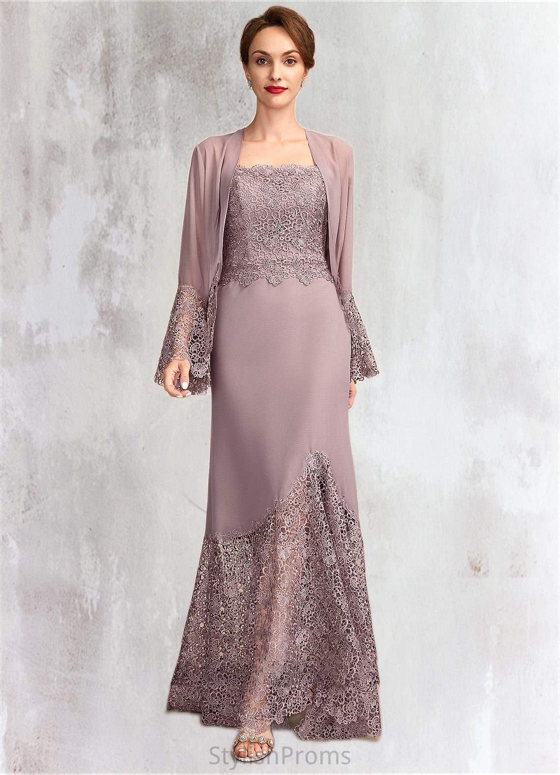 Anna Trumpet/Mermaid Square Neckline Asymmetrical Chiffon Lace Mother of the Bride Dress HQ126P0015001