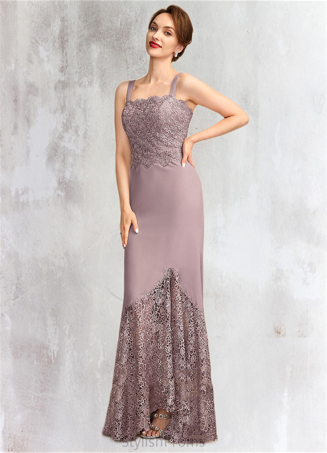 Anna Trumpet/Mermaid Square Neckline Asymmetrical Chiffon Lace Mother of the Bride Dress HQ126P0015001