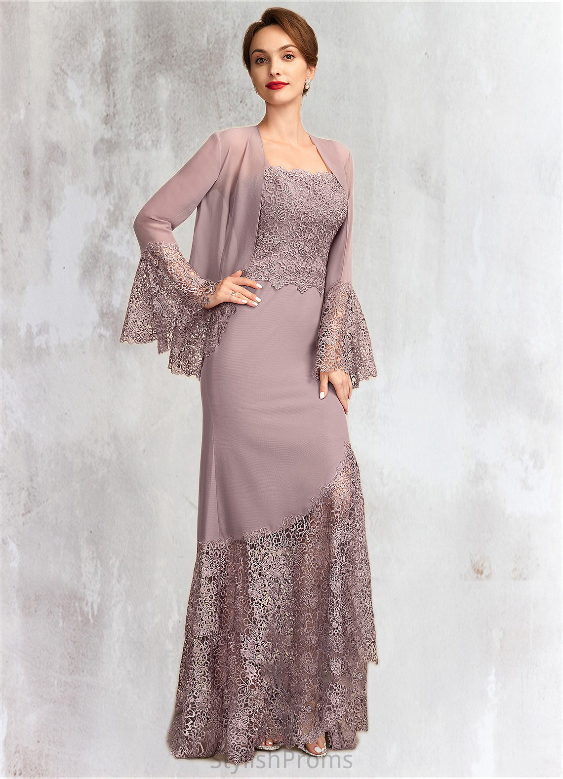 Anna Trumpet/Mermaid Square Neckline Asymmetrical Chiffon Lace Mother of the Bride Dress HQ126P0015001