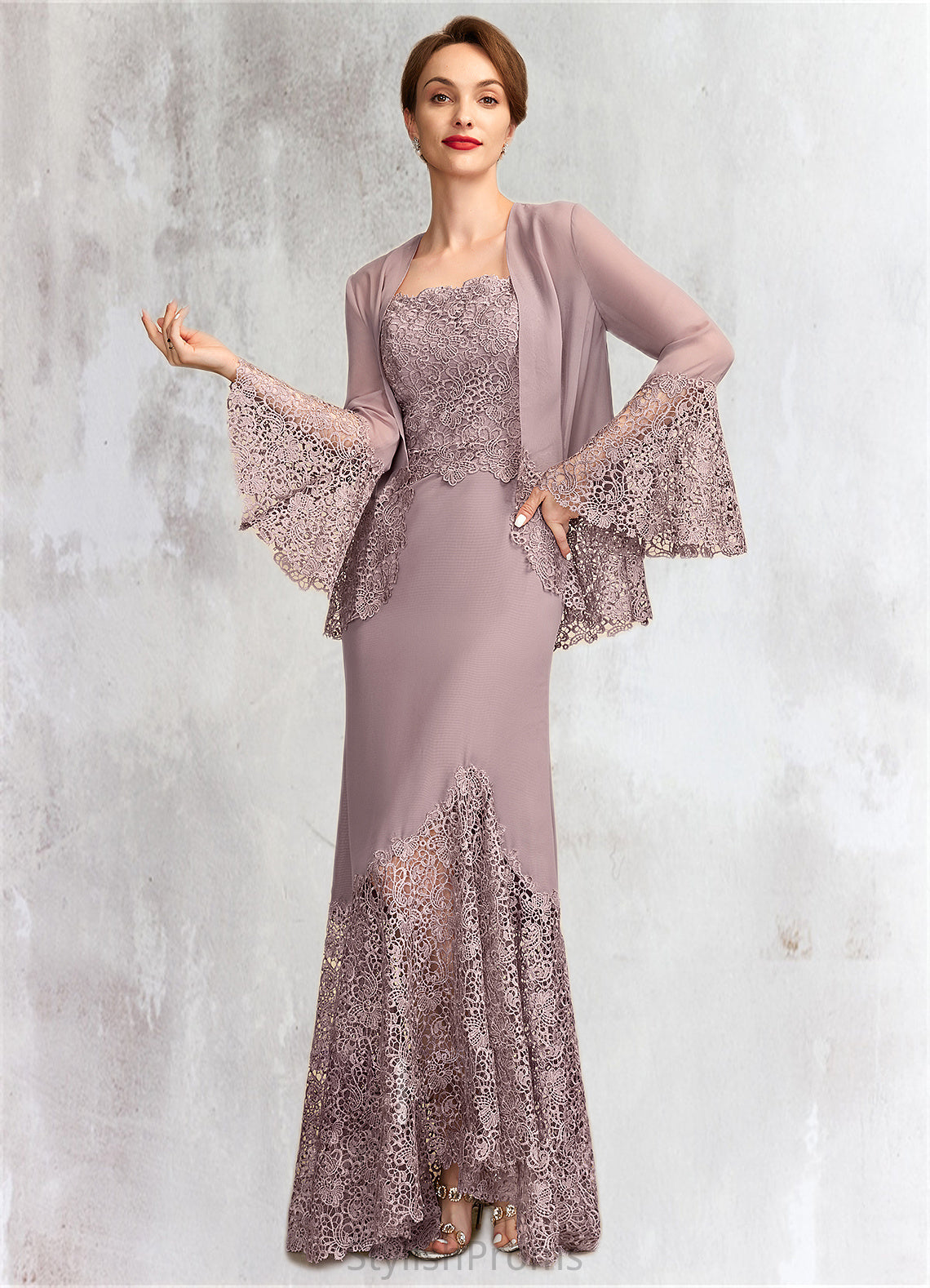 Anna Trumpet/Mermaid Square Neckline Asymmetrical Chiffon Lace Mother of the Bride Dress HQ126P0015001