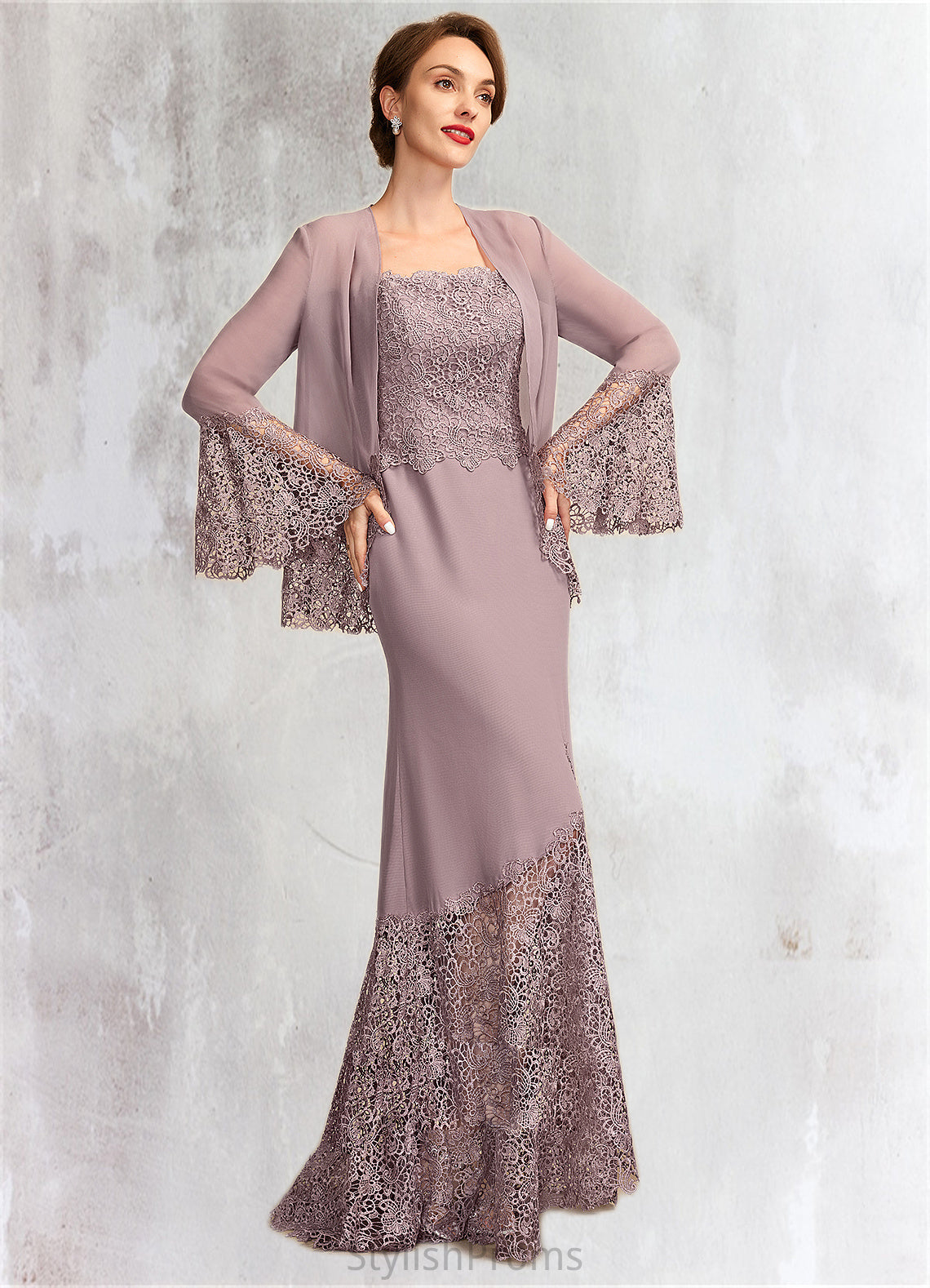 Anna Trumpet/Mermaid Square Neckline Asymmetrical Chiffon Lace Mother of the Bride Dress HQ126P0015001