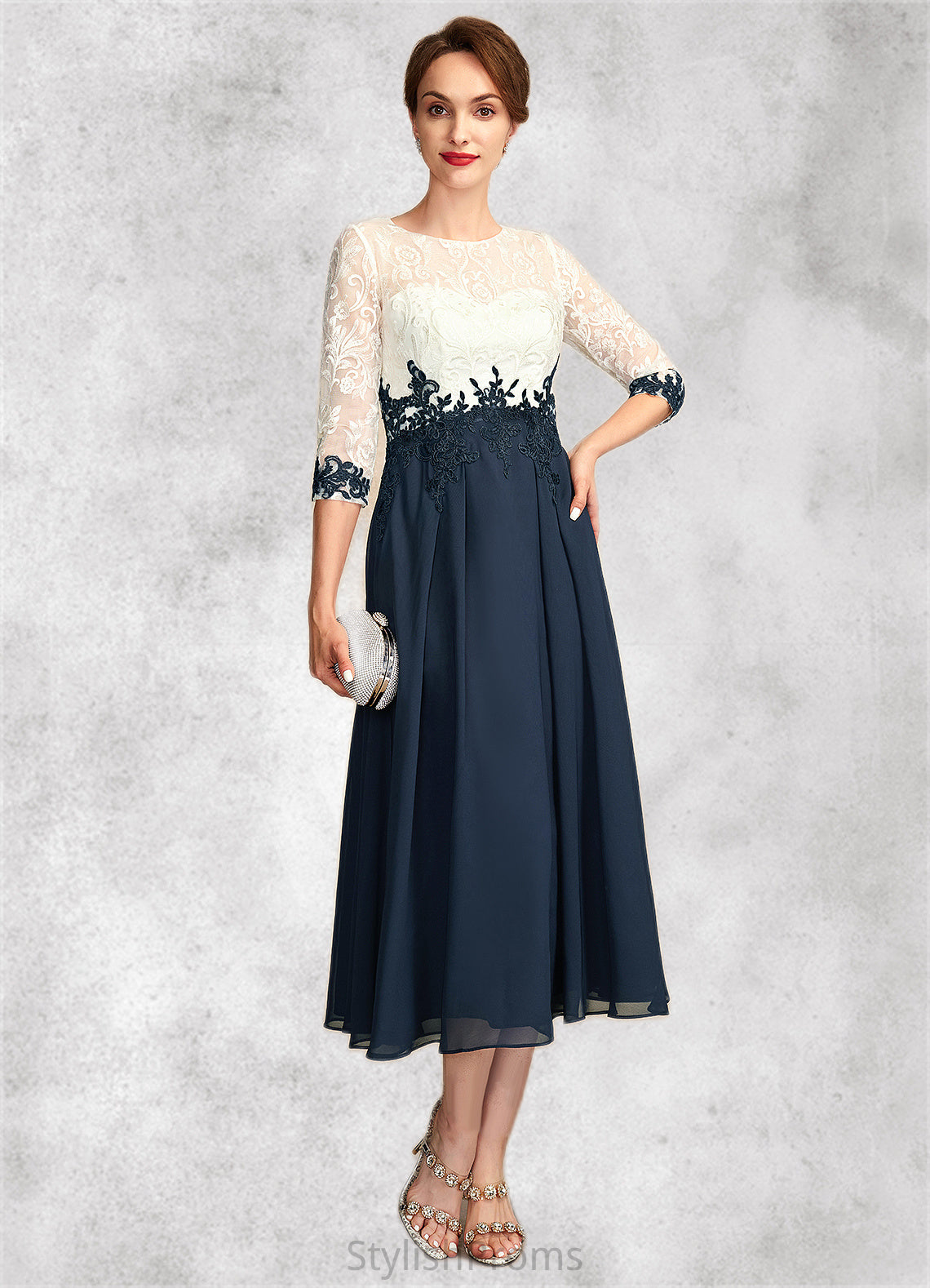 Zariah A-Line Scoop Neck Tea-Length Chiffon Lace Mother of the Bride Dress HQ126P0015002