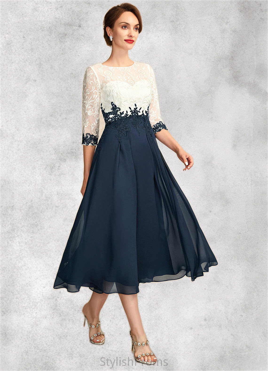 Zariah A-Line Scoop Neck Tea-Length Chiffon Lace Mother of the Bride Dress HQ126P0015002