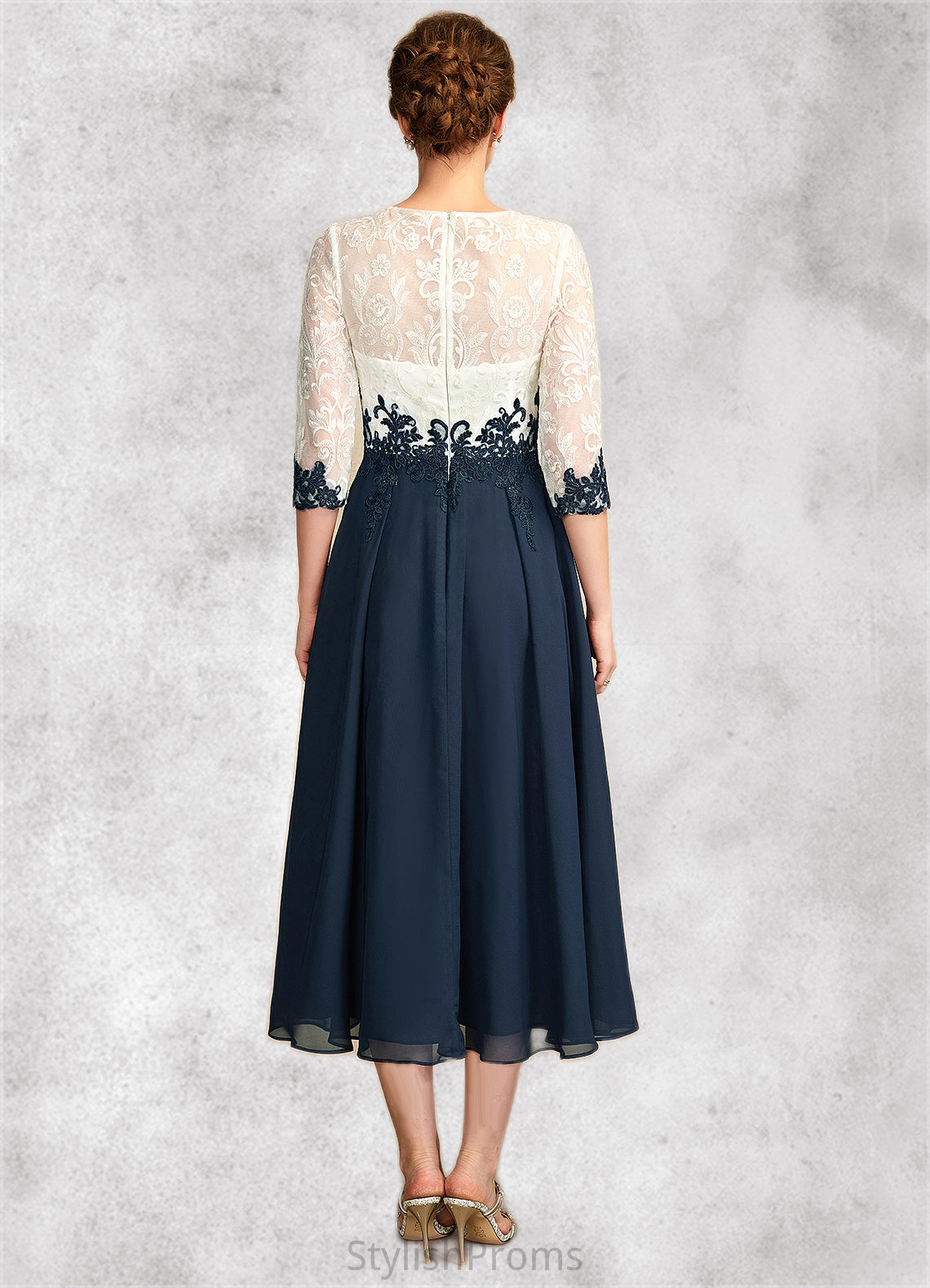 Zariah A-Line Scoop Neck Tea-Length Chiffon Lace Mother of the Bride Dress HQ126P0015002