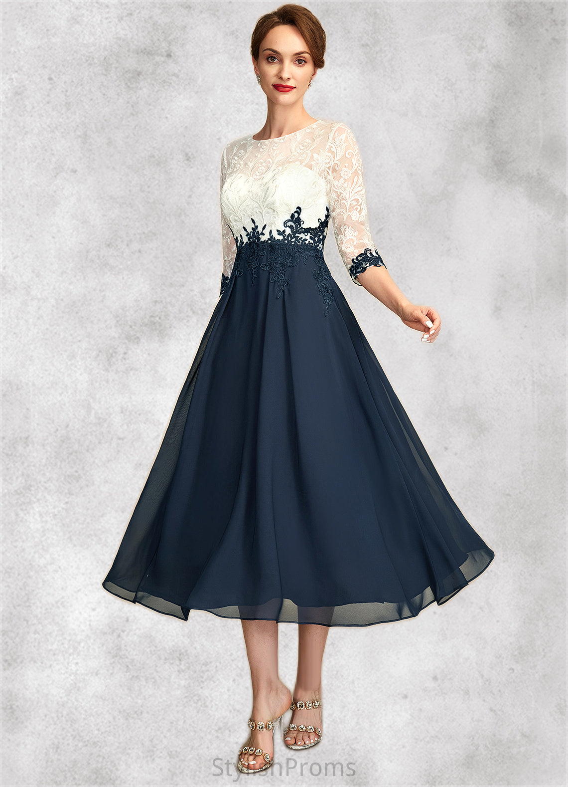 Zariah A-Line Scoop Neck Tea-Length Chiffon Lace Mother of the Bride Dress HQ126P0015002