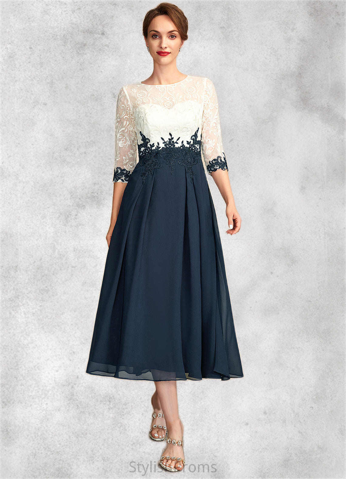 Zariah A-Line Scoop Neck Tea-Length Chiffon Lace Mother of the Bride Dress HQ126P0015002