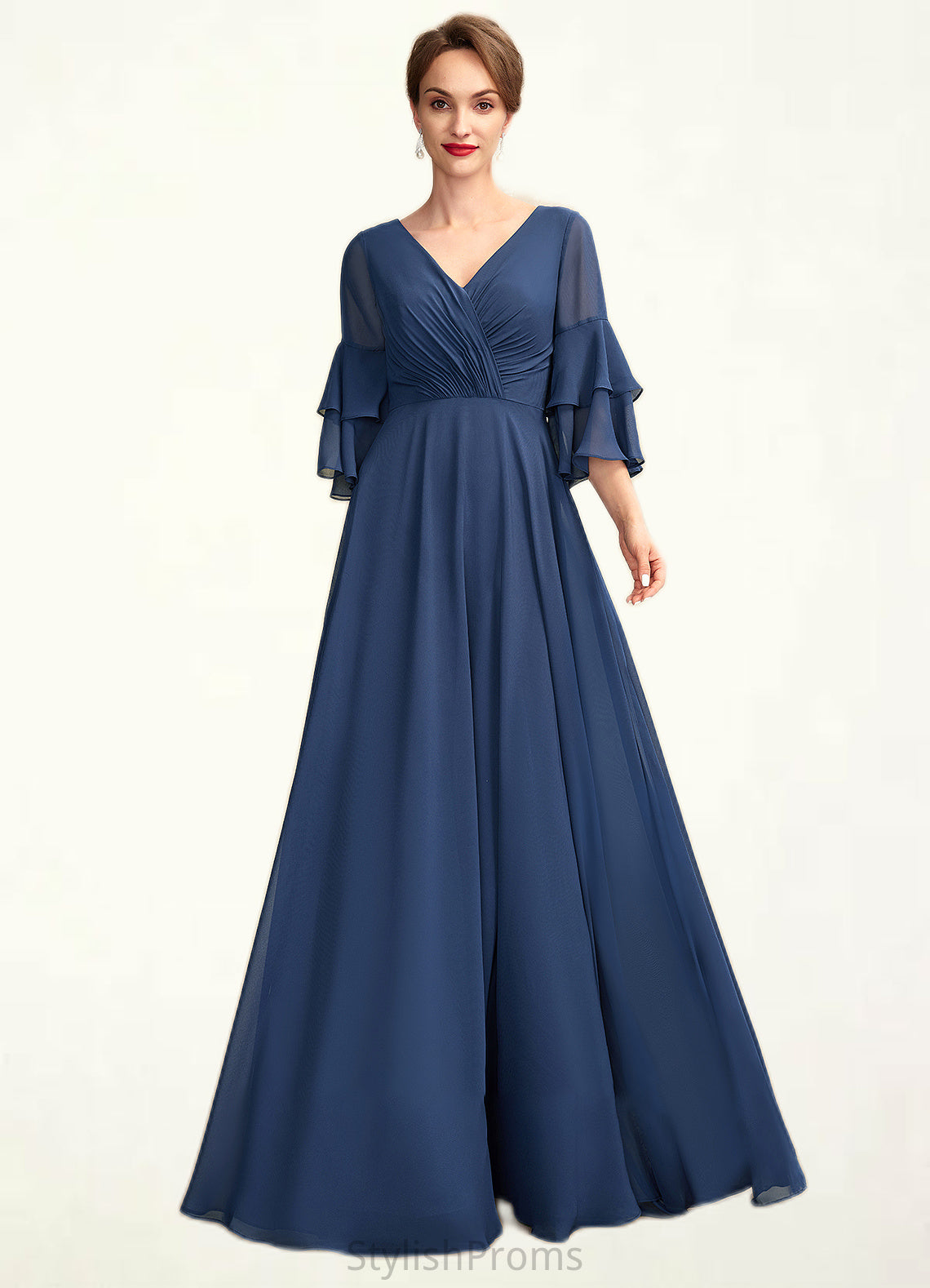 Athena A-Line V-neck Floor-Length Chiffon Mother of the Bride Dress With Cascading Ruffles HQ126P0015003