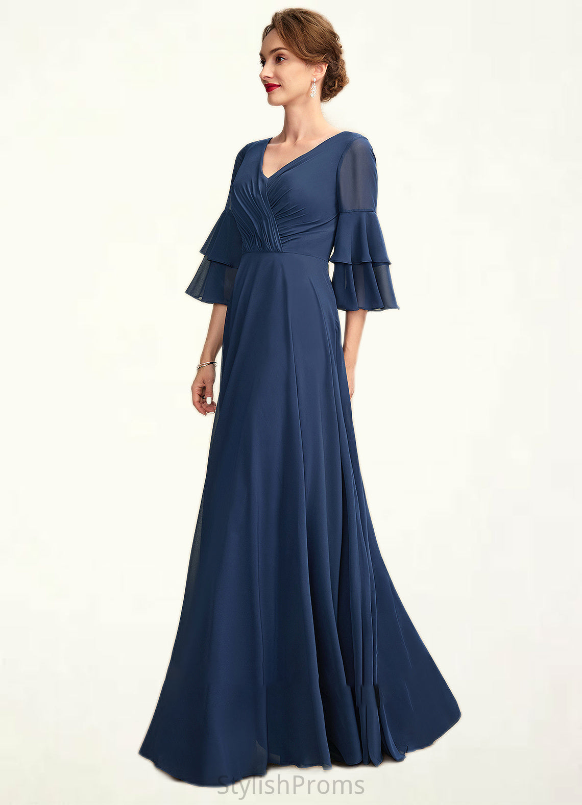 Athena A-Line V-neck Floor-Length Chiffon Mother of the Bride Dress With Cascading Ruffles HQ126P0015003