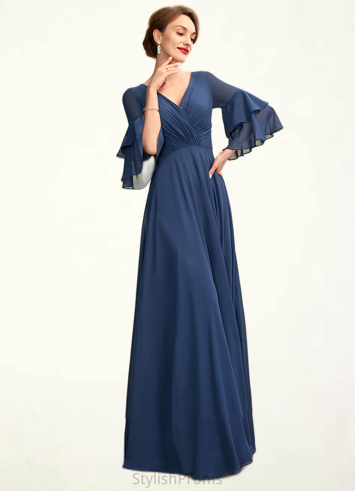 Athena A-Line V-neck Floor-Length Chiffon Mother of the Bride Dress With Cascading Ruffles HQ126P0015003